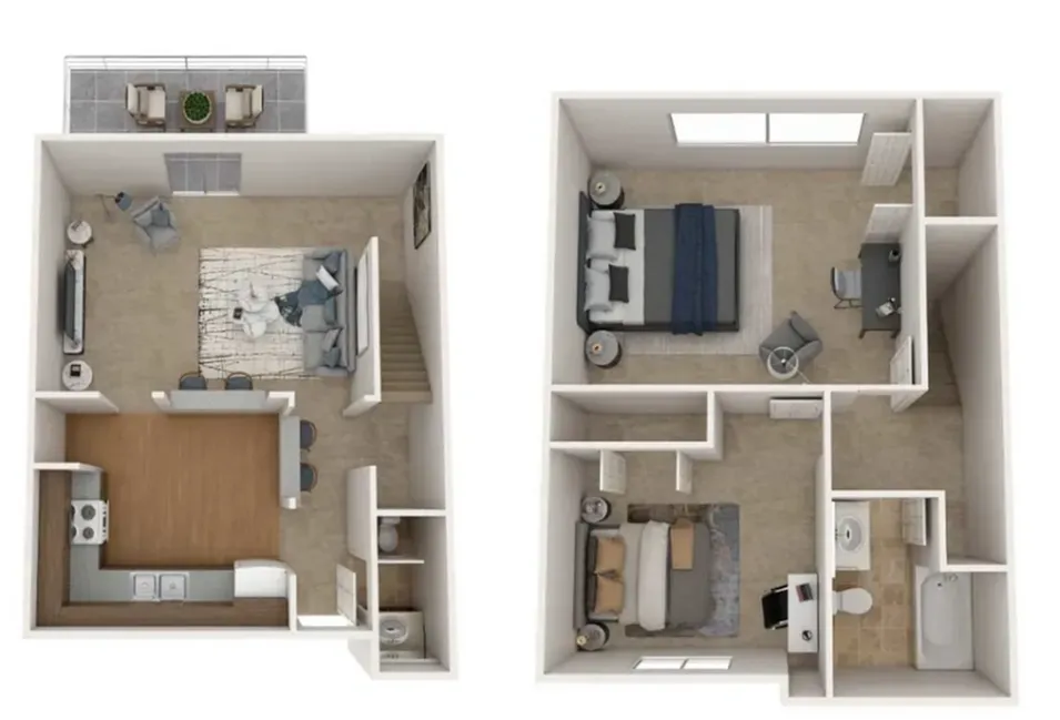 Elegant two-story floor plan featuring an open-concept living and dining area, efficient kitchen, two cozy bedrooms, a workspace, and a modern bathroom. Includes a charming balcony space for relaxation.