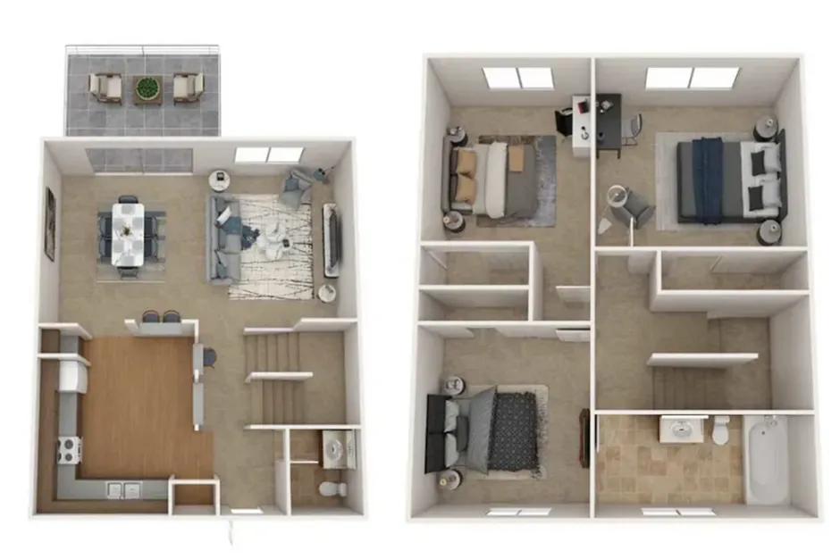 Contemporary 2D floor plan displaying a two-story layout with three bedrooms, spacious living and dining area, modern kitchen, and a cozy outdoor patio.