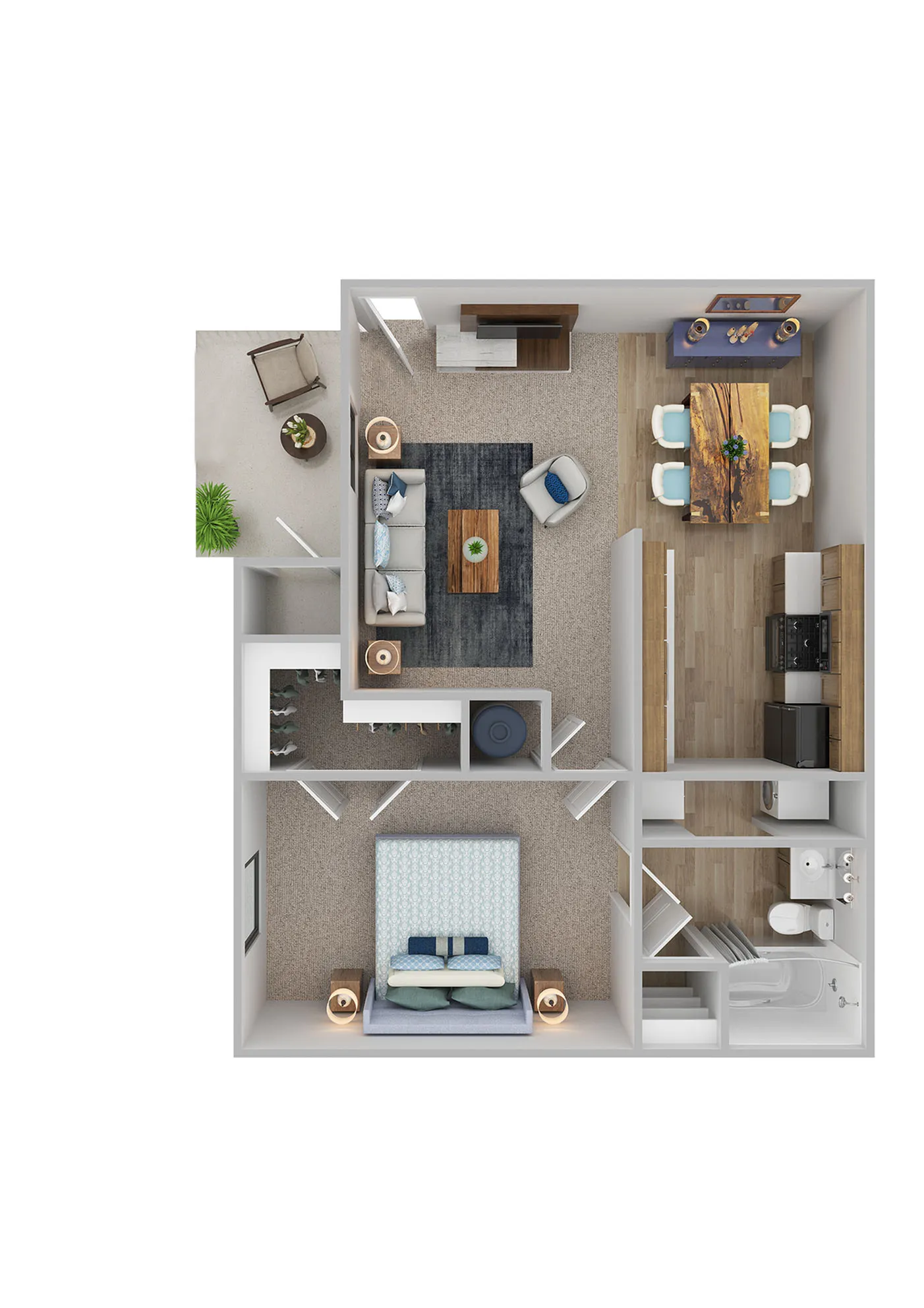 Modern floor plan showcasing a spacious layout with one bedroom, an inviting living room, sleek kitchen, and elegant dining area, complete with a cozy patio space.