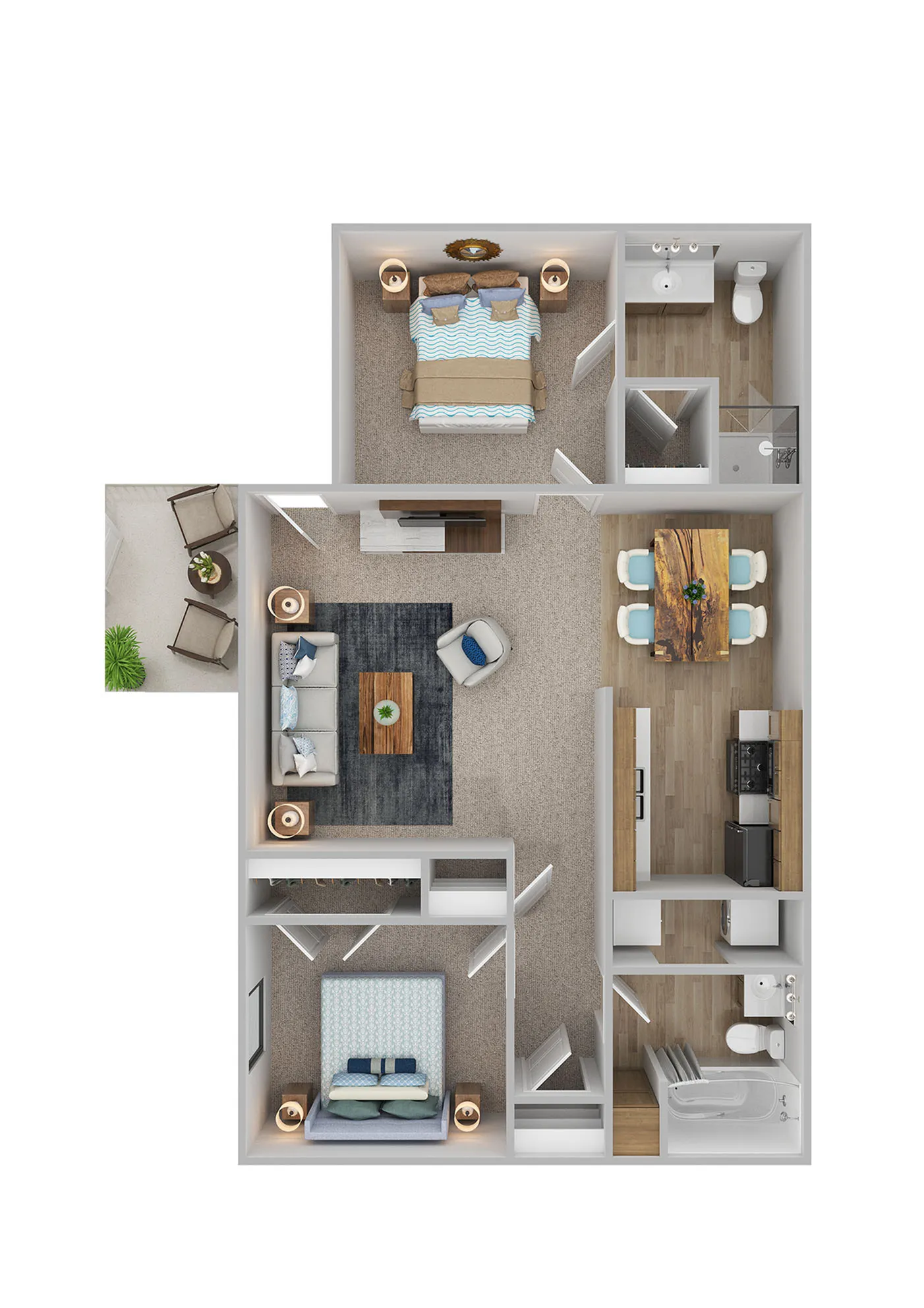 Modern floor plan showcasing a 2-bedroom apartment with an inviting living room, stylish dining area, and a well-equipped kitchen. Includes two bathrooms and a cozy balcony space.