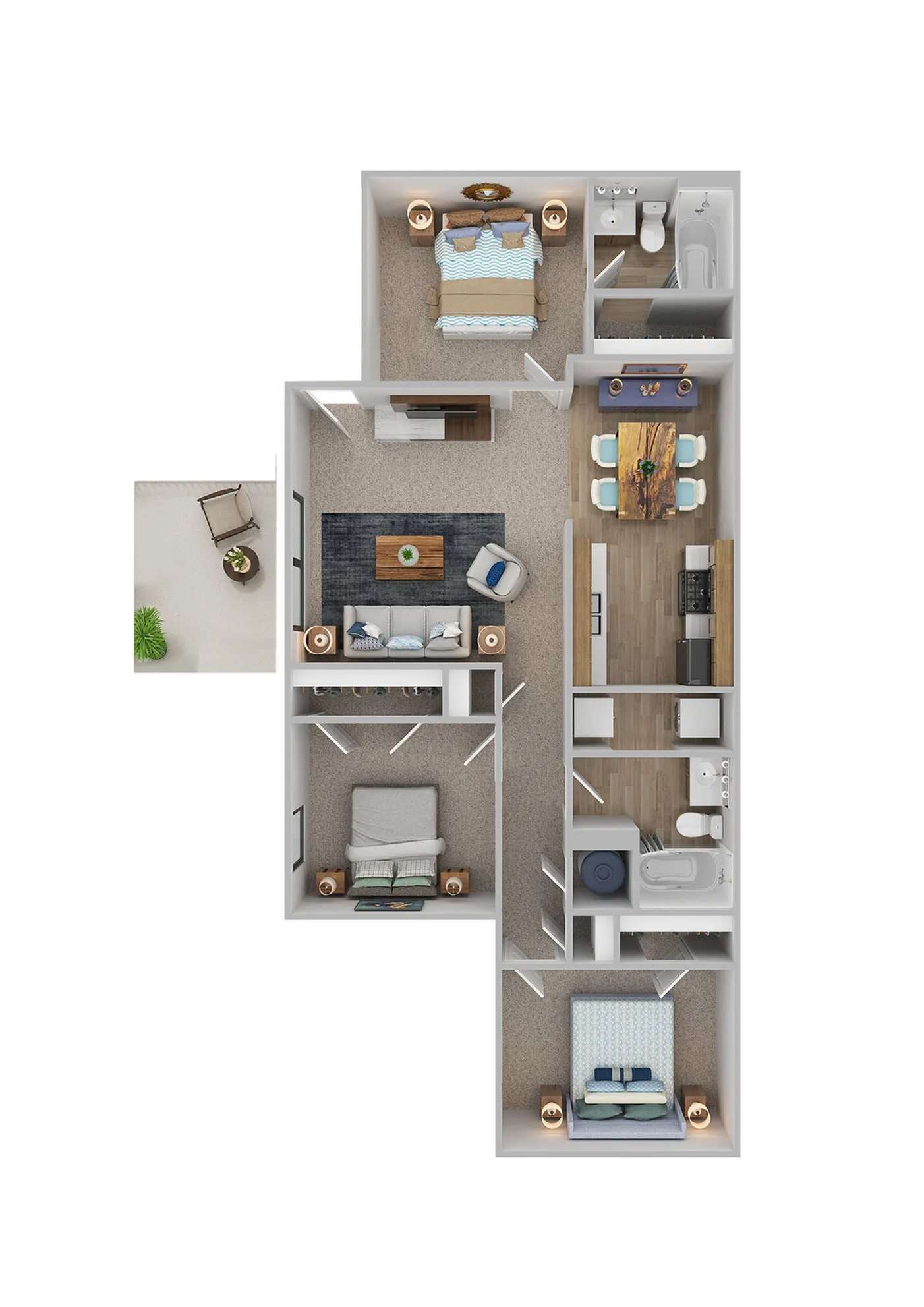 Chic floor plan showcasing 3 bedrooms, a cozy living area, modern kitchen, and two stylish bathrooms, with an inviting balcony for relaxation.