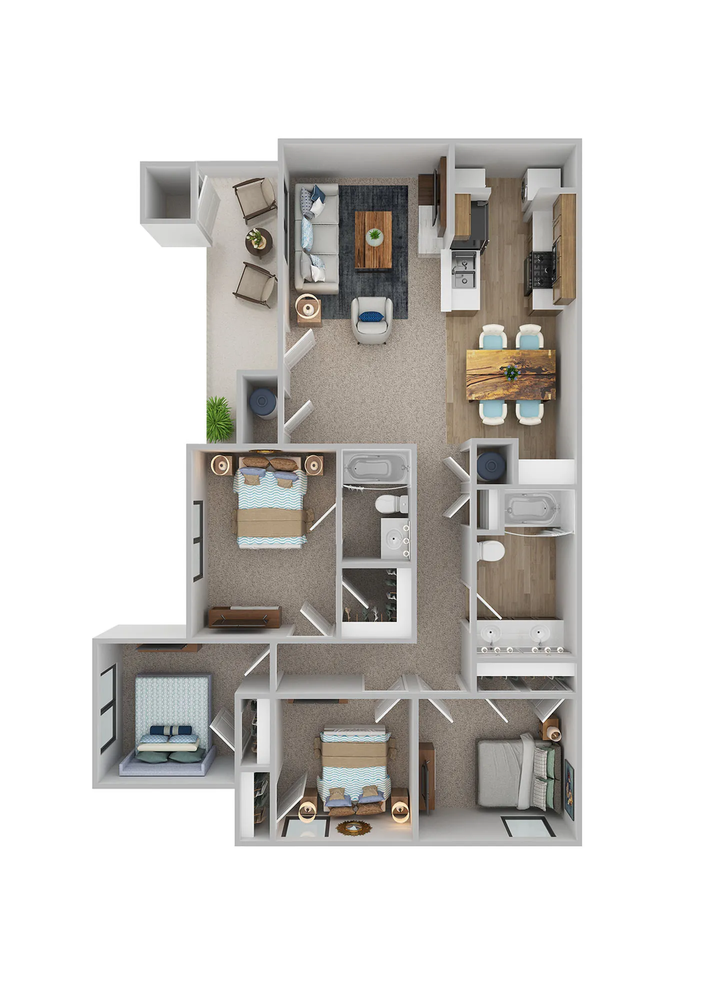 Elegant 3D floor plan showcasing three spacious bedrooms, an inviting open living area, and a modern kitchen with a stylish dining space.