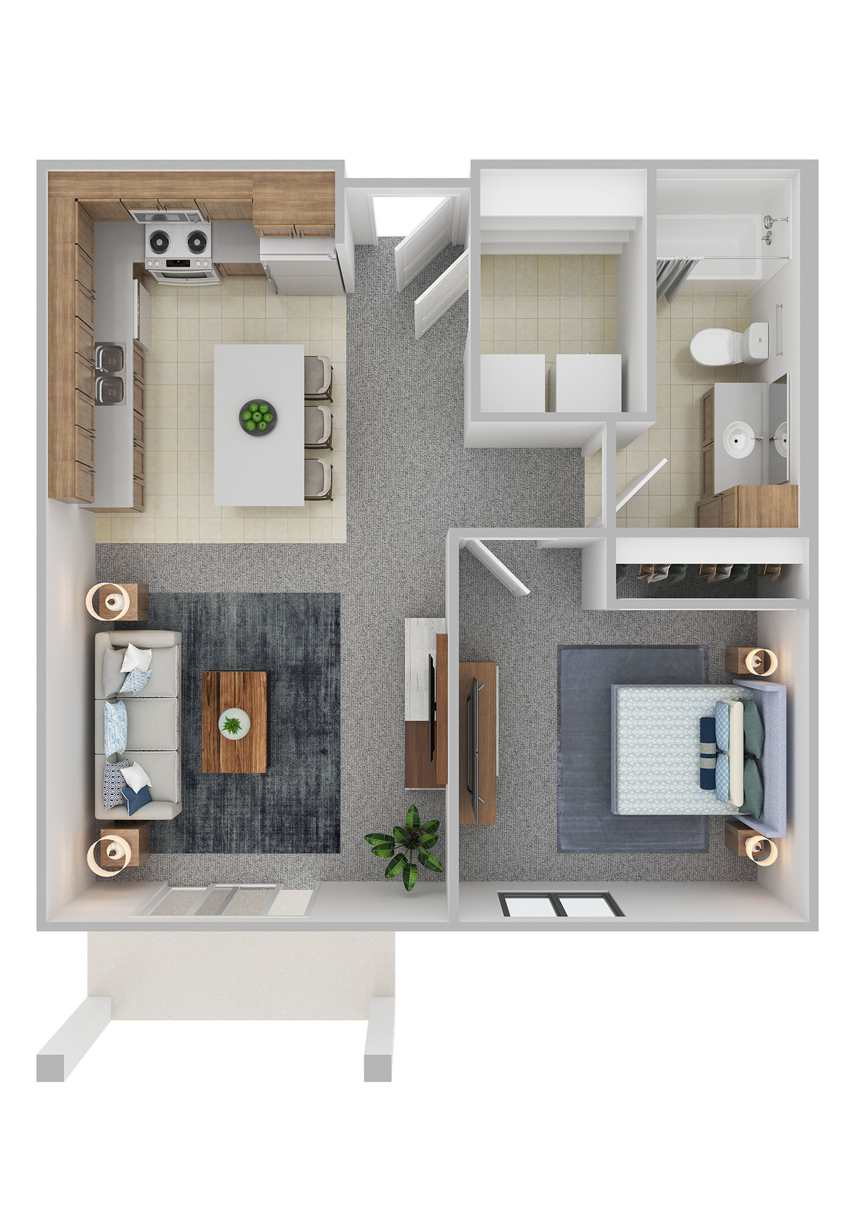 Modern 1-bedroom apartment floor plan with open-concept living and kitchen area, stylish bathroom, and cozy balcony.