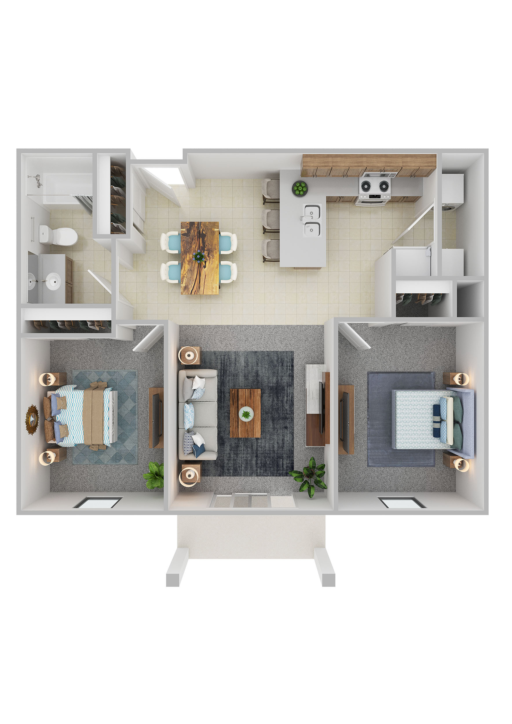 Inviting 3D floor plan with two cozy bedrooms, stylish open-plan living and dining area, modern kitchen with breakfast bar, and a well-appointed bathroom.
