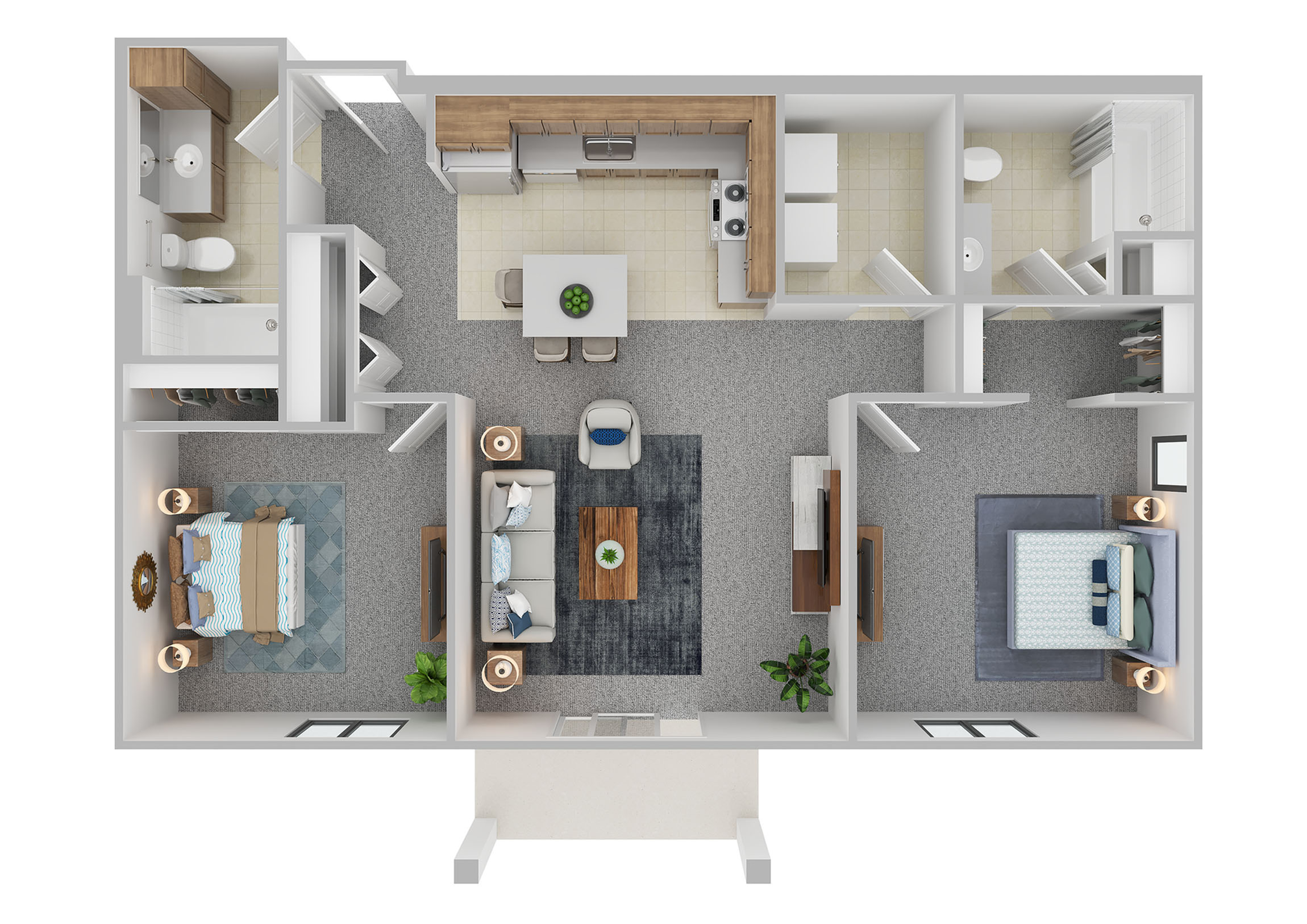 Bright 3D floor plan showcasing 2 bedrooms, a modern kitchen, and an inviting living area with stylish furnishings.