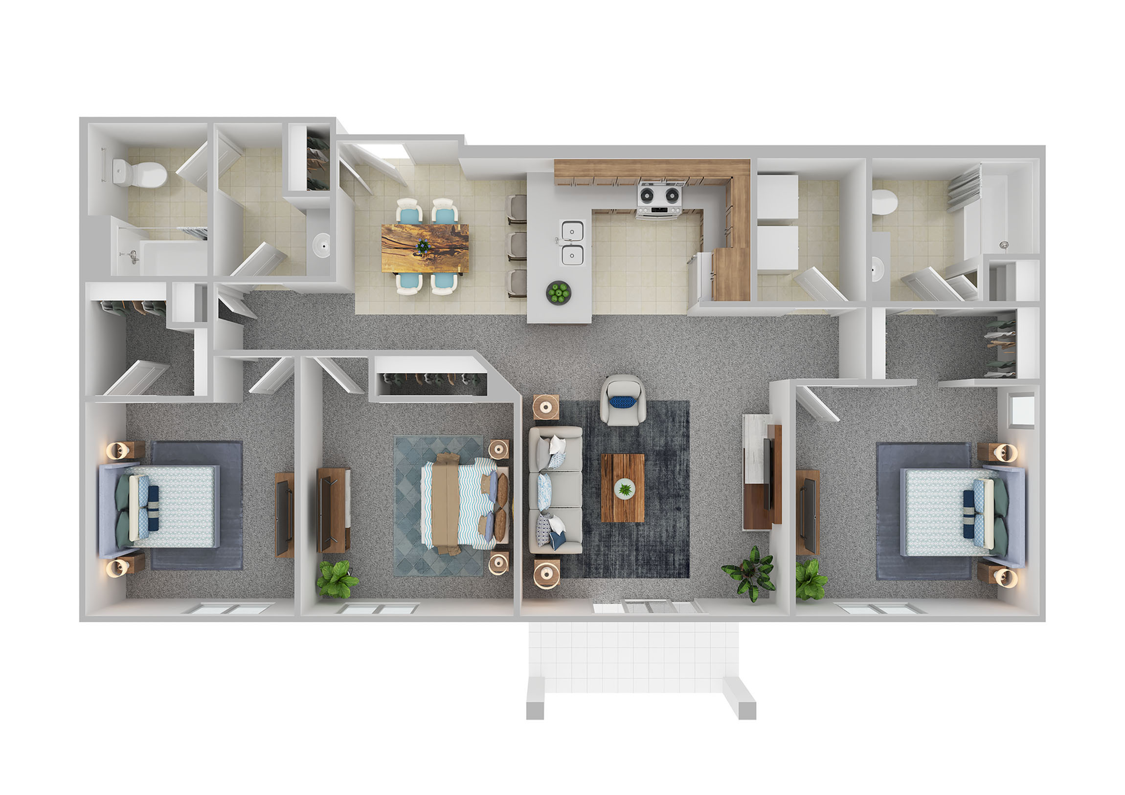 Inviting floor plan featuring two spacious bedrooms, a modern kitchen with breakfast bar, elegant dining area, and cozy living room, ideal for comfortable living.