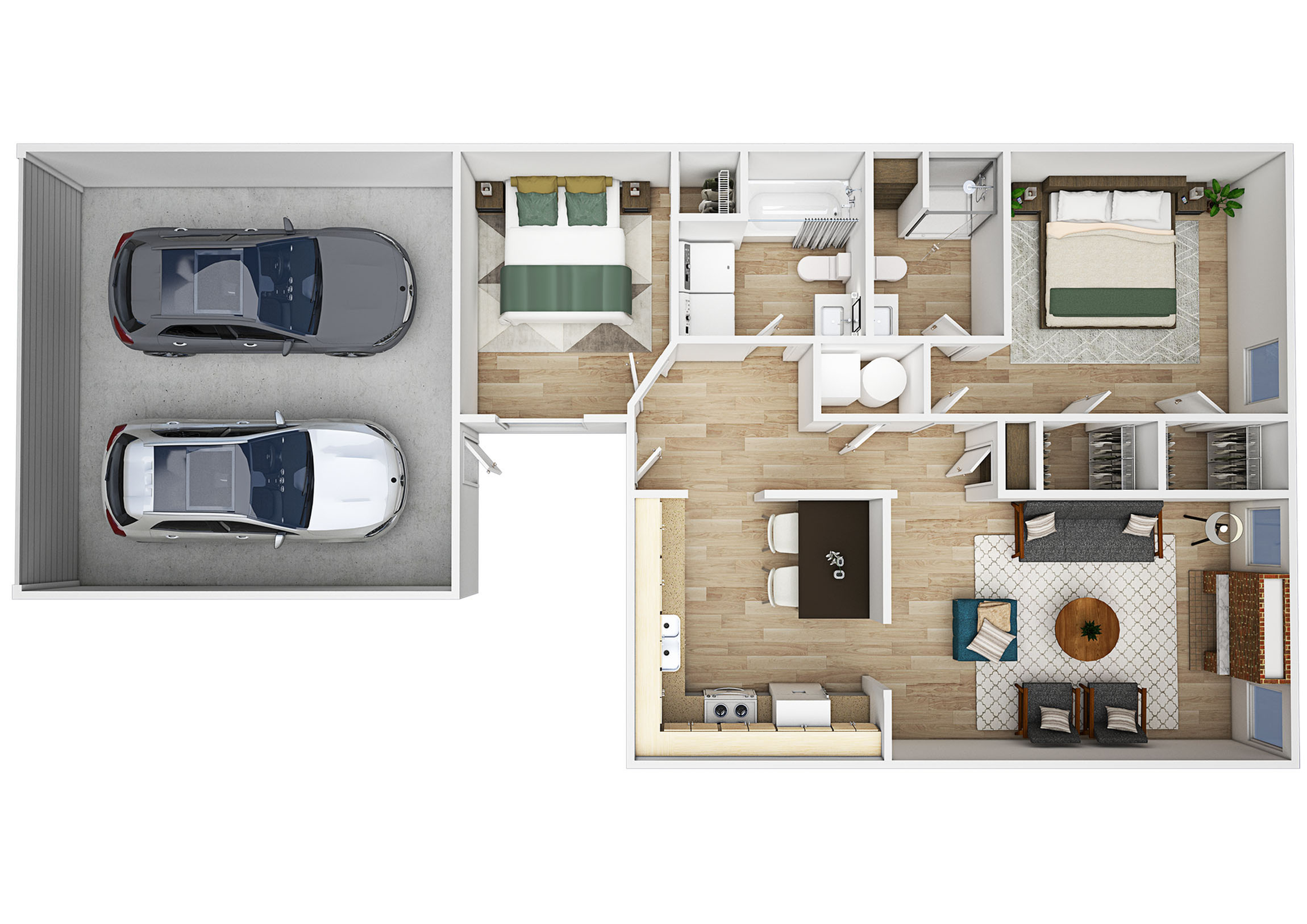 Modern floor plan showcasing a two-bedroom apartment with dual-car garage, open living room, stylish kitchen, and cozy dining area.