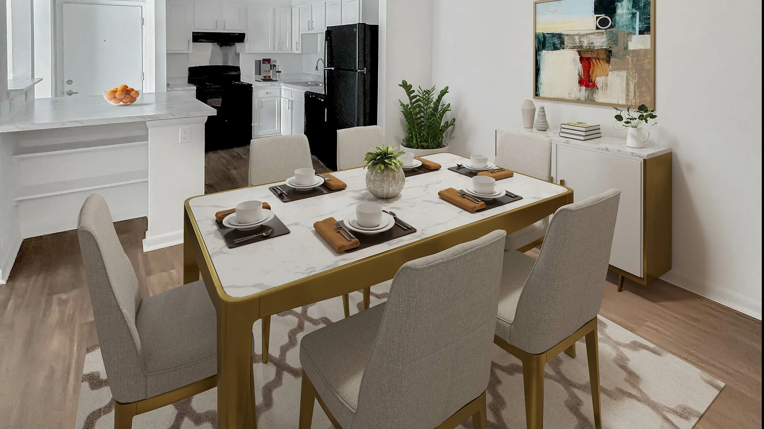 Chic modern dining area with plush chairs and elegant tableware, adjacent to a sleek kitchen with contemporary appliances.