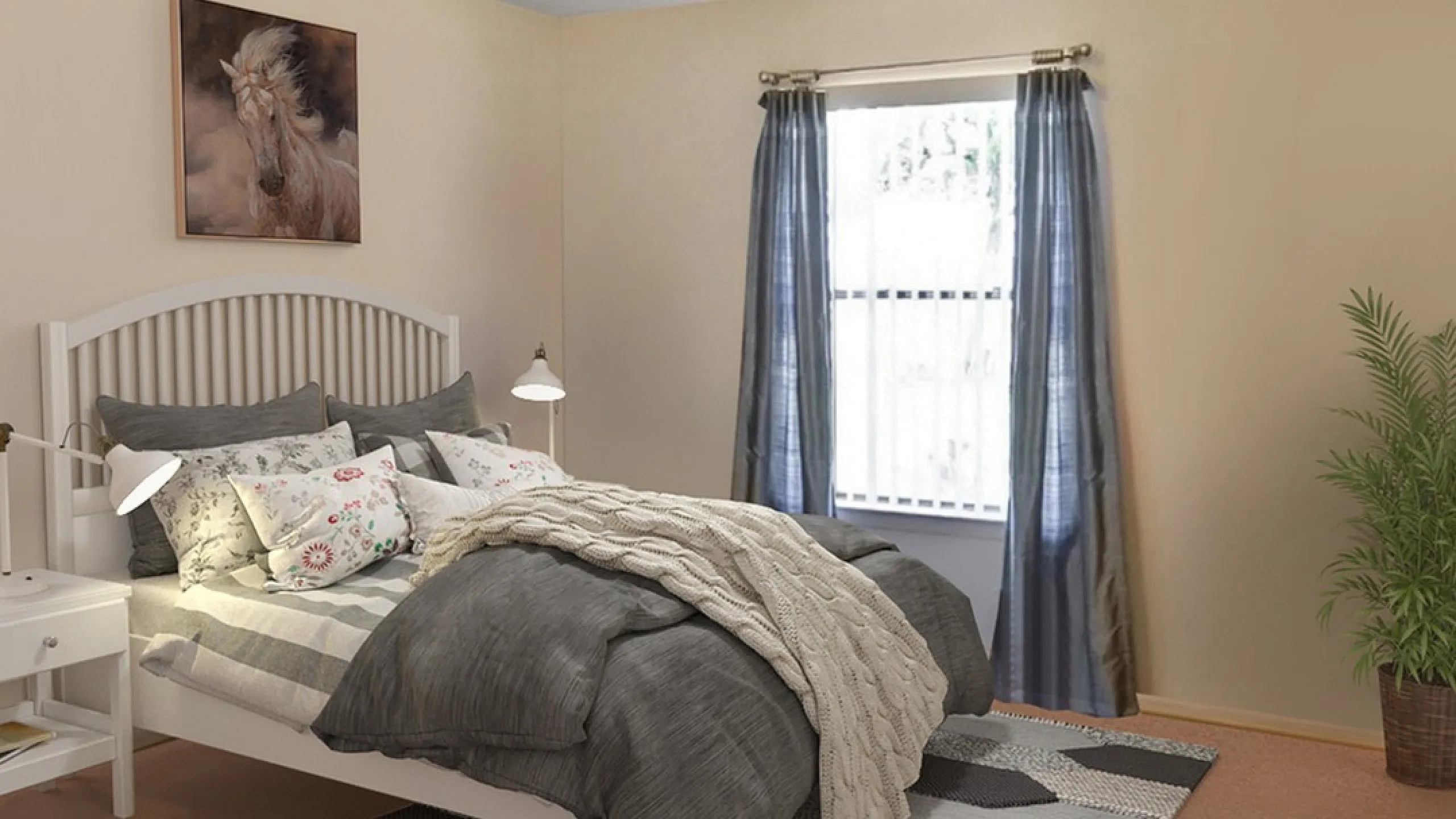 Cozy bedroom with a plush bed, elegant bedside lamps, and vibrant floral pillows, creating a serene and inviting atmosphere.