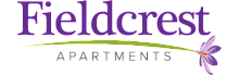 Fieldcrest Apartments logo featuring elegant purple text and a vibrant flower design.