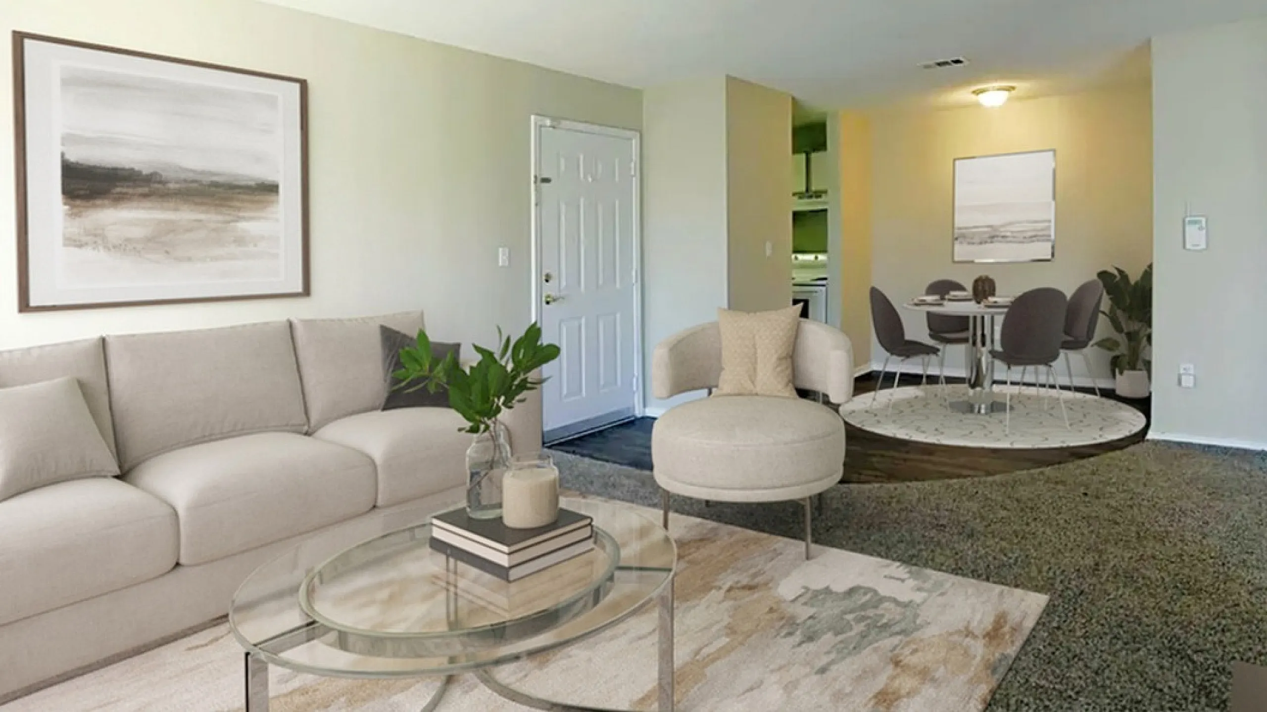 Modern living space with a cozy beige sofa, elegant glass coffee table, and a stylish dining area, perfect for entertaining.