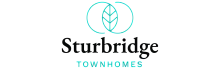 Sturbridge Townhomes logo featuring elegant overlapping circles and a leaf design in teal, representing stylish and modern living.