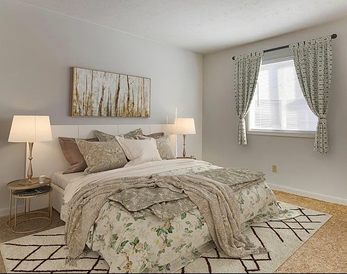 Inviting bedroom with elegant decor, featuring a cozy bed with floral bedding, stylish side lamps, and a lush green plant by the window.