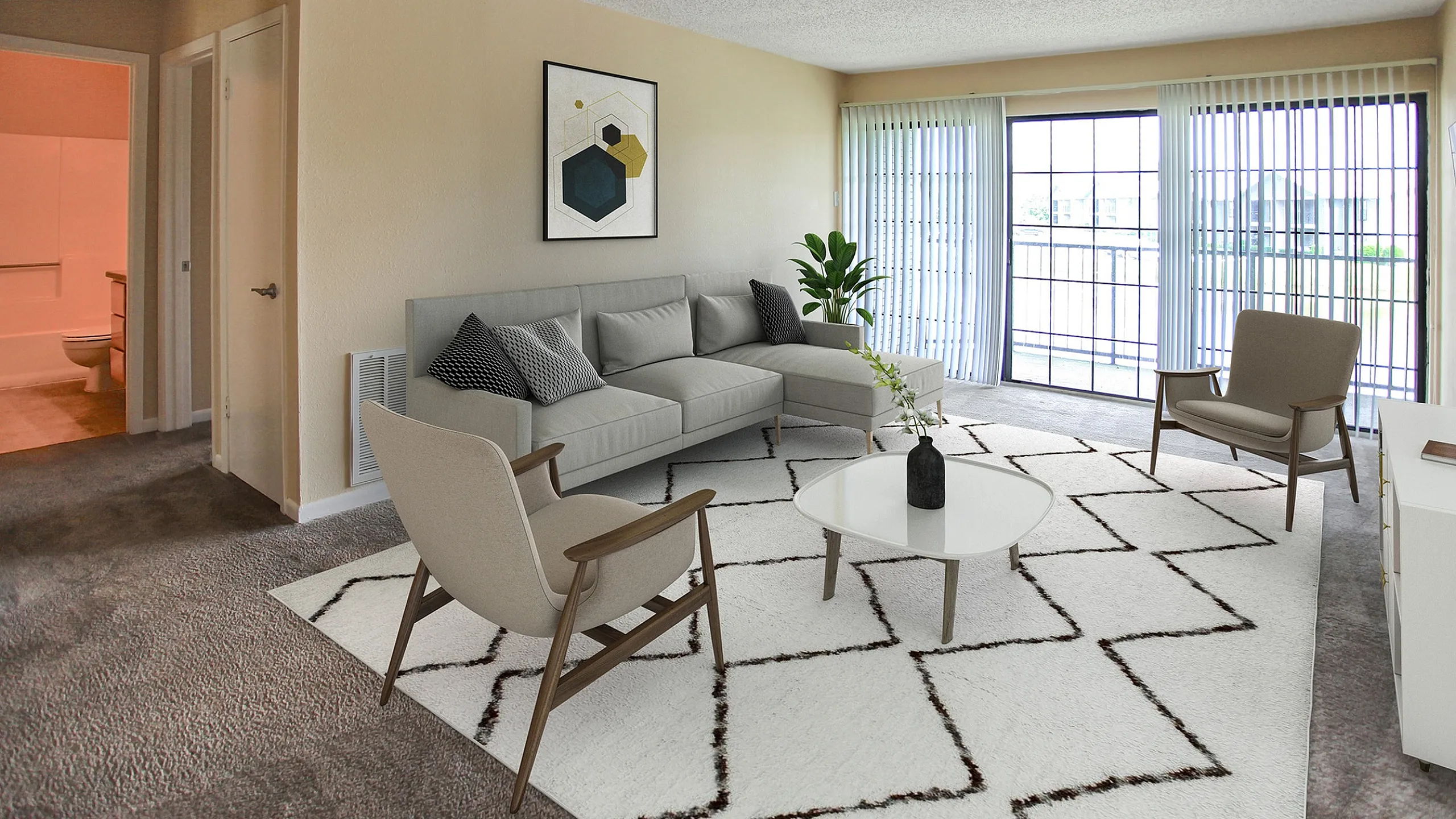 Bright and inviting living room featuring modern furniture, large windows with vertical blinds, and contemporary decor. Includes comfortable gray sofa, stylish armchairs, and a chic geometric rug.