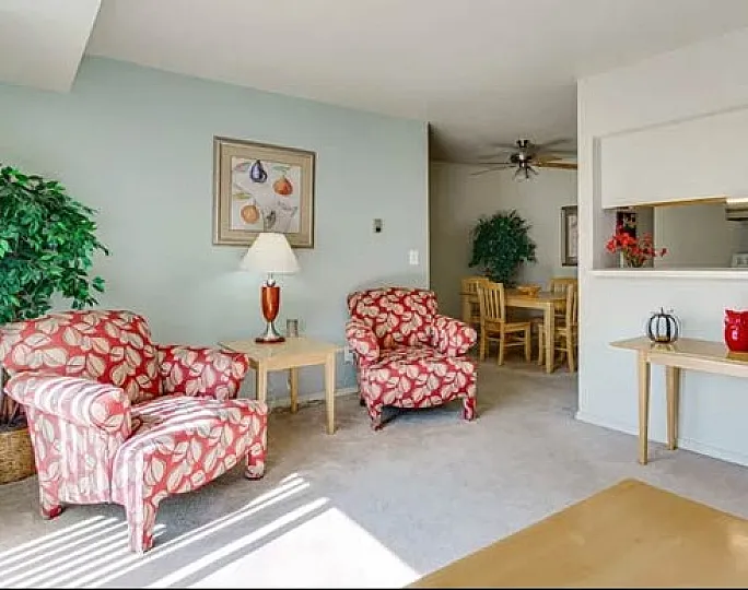 Bright and inviting living area with floral armchairs, elegant dining space, and abundant natural light.