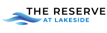 The Reserve at Lakeside logo featuring flowing blue waves, exuding tranquility and elegance.