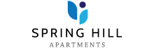 Spring Hill Apartments logo featuring a modern and elegant design with blue leaf motifs and bold typography.