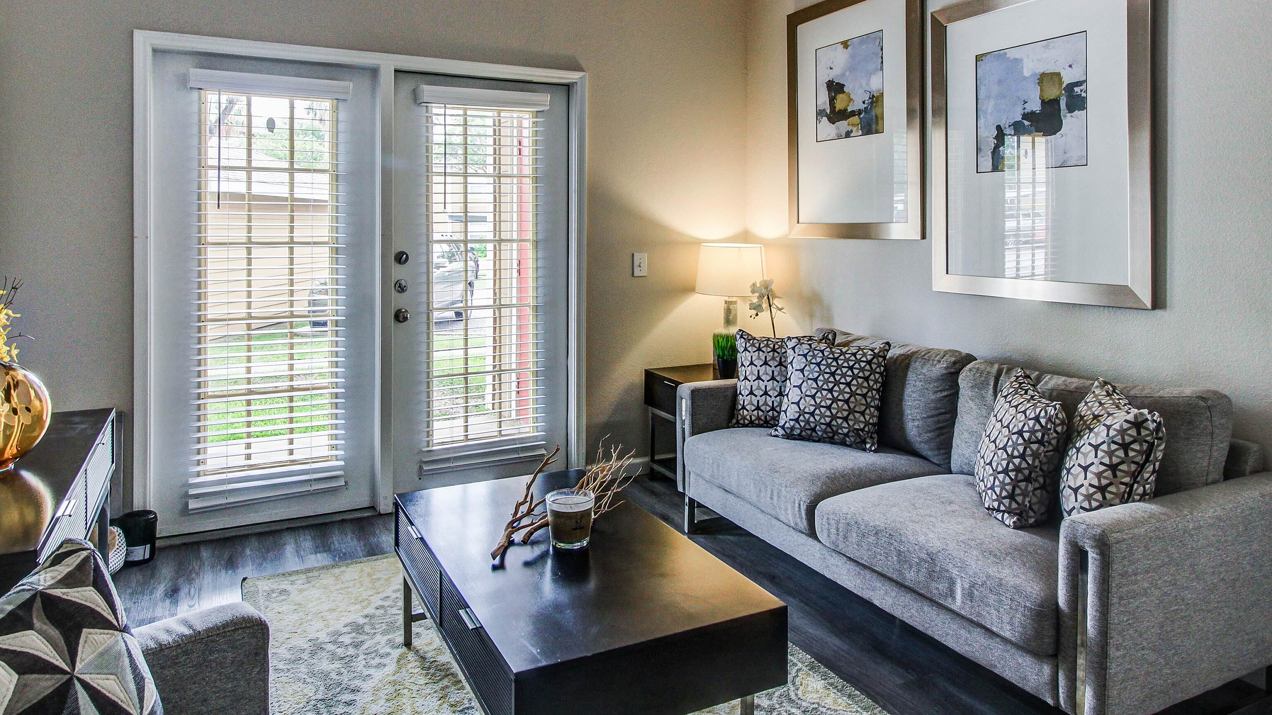 Cozy and stylish living room with a modern grey sofa, geometric pillows, and natural light streaming through elegant glass doors.