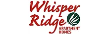 Elegant logo design for Whisper Ridge Apartment Homes featuring bold red text and a green leaf emblem, conveying comfort and natural living.