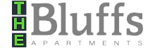 Modern logo for The Bluffs Apartments with bold green and grey text.