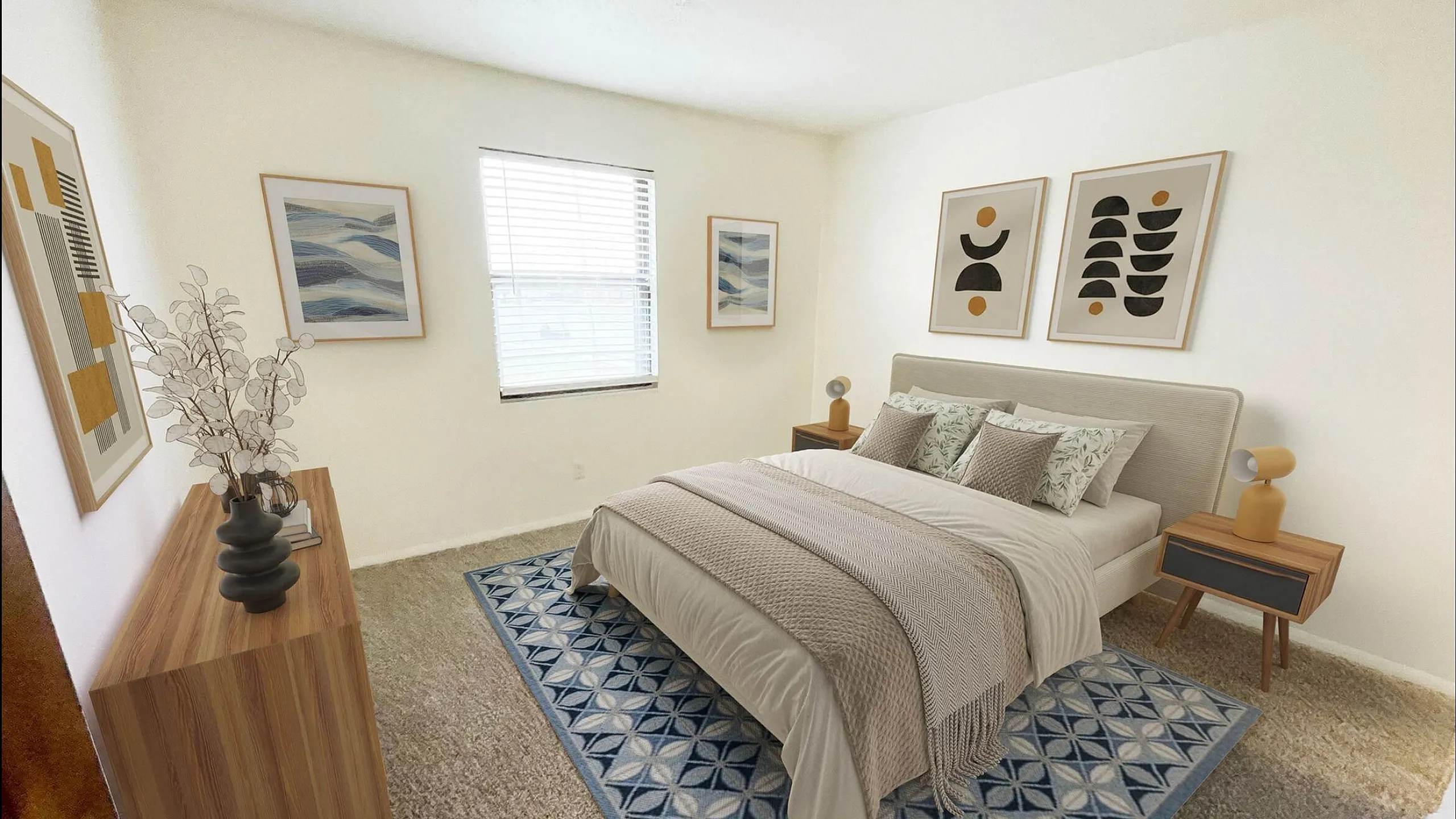 Bright and inviting bedroom with modern decor, featuring a comfortable double bed, stylish artwork, and a plush geometric rug.