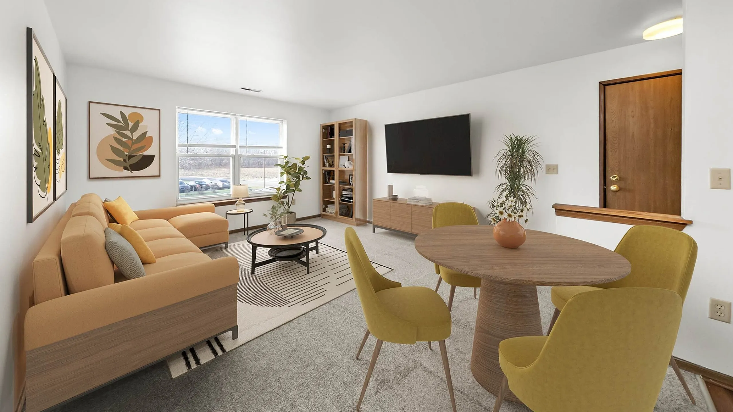 Inviting living space with a cozy beige sofa, modern decor, and elegant dining area under natural light.