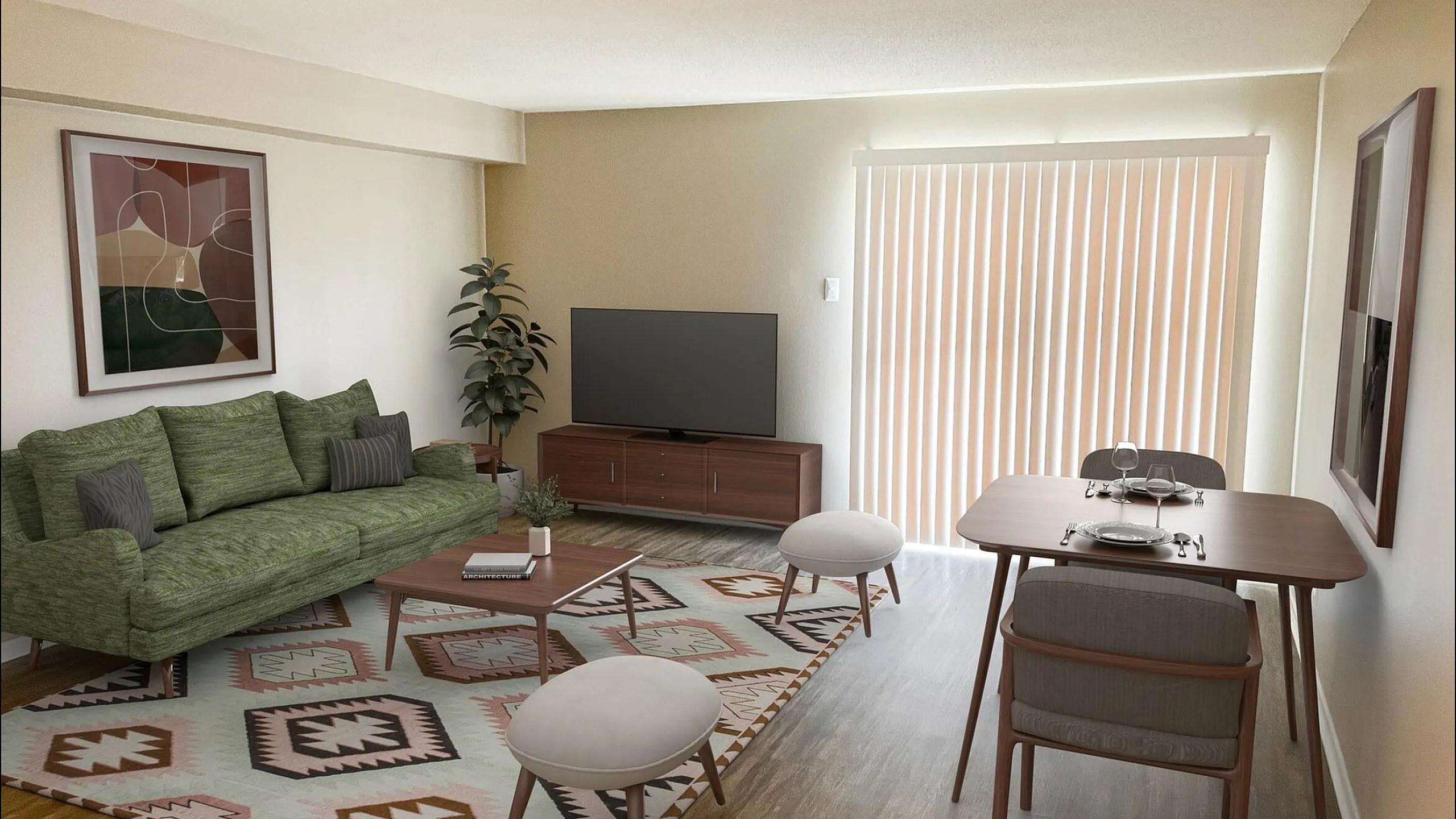 Modern living room featuring stylish green sofa, elegant dining table, and natural light from vertical blinds.