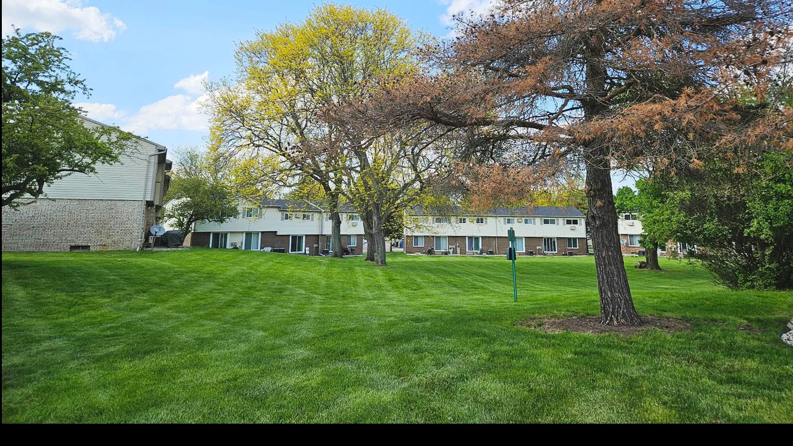 Charming townhouse community nestled in lush greenery with bright blue skies, perfect for serene living.