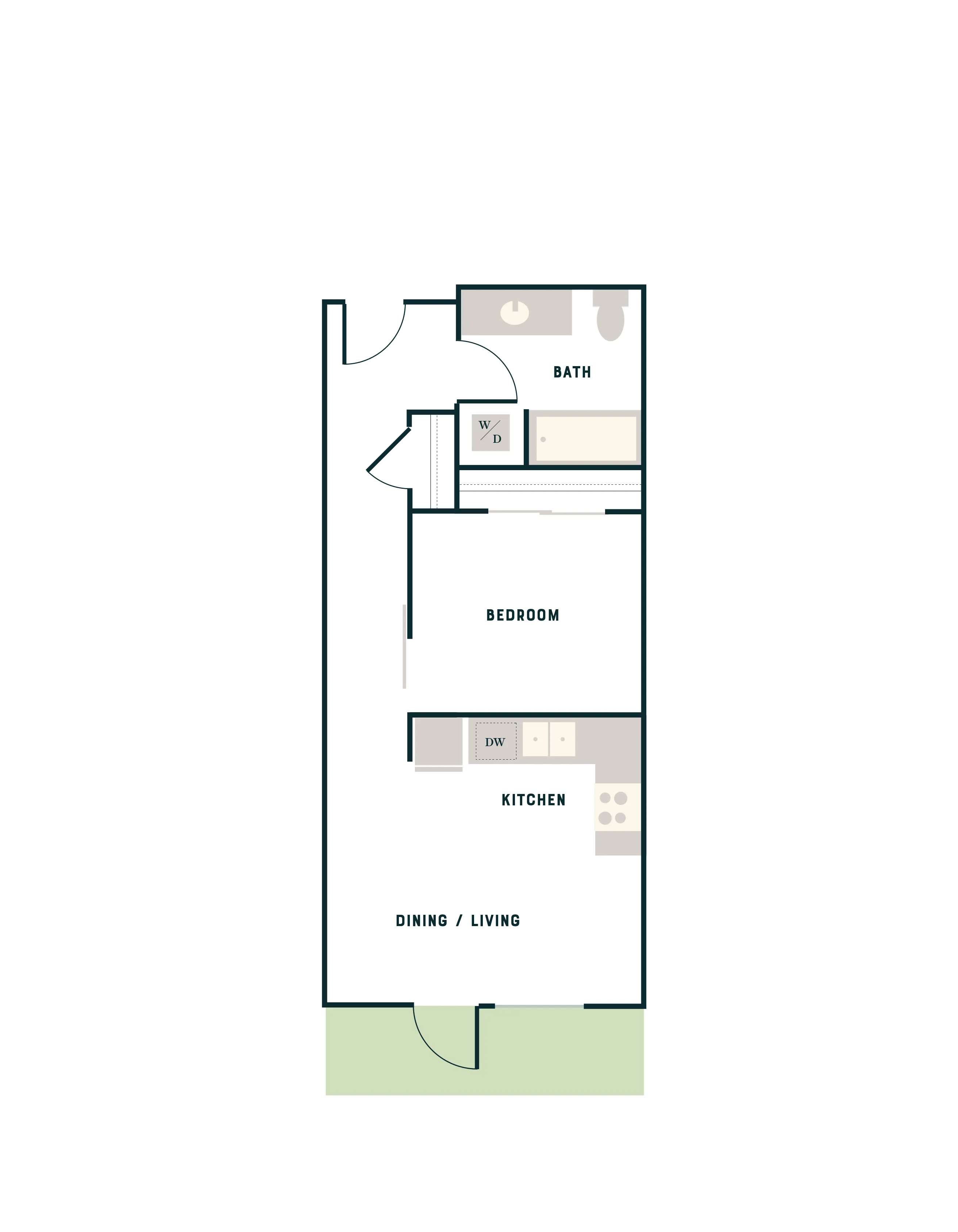 Modern floor plan featuring a cozy bedroom, sleek kitchen with dishwasher, and open dining/living area, ideal for stylish living.