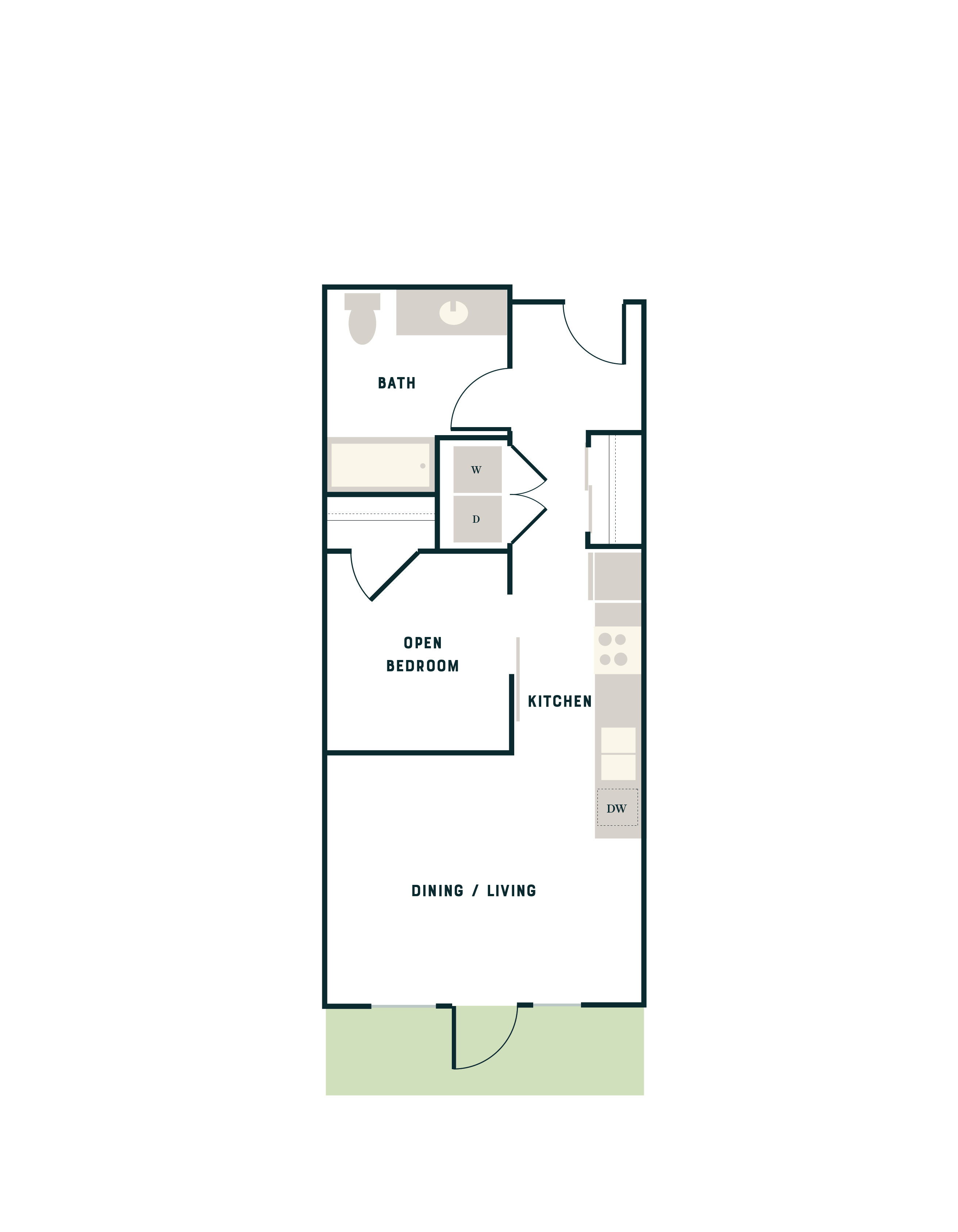 Modern floor plan showcasing an open bedroom, spacious dining and living area, and a sleek kitchen with washer and dryer.