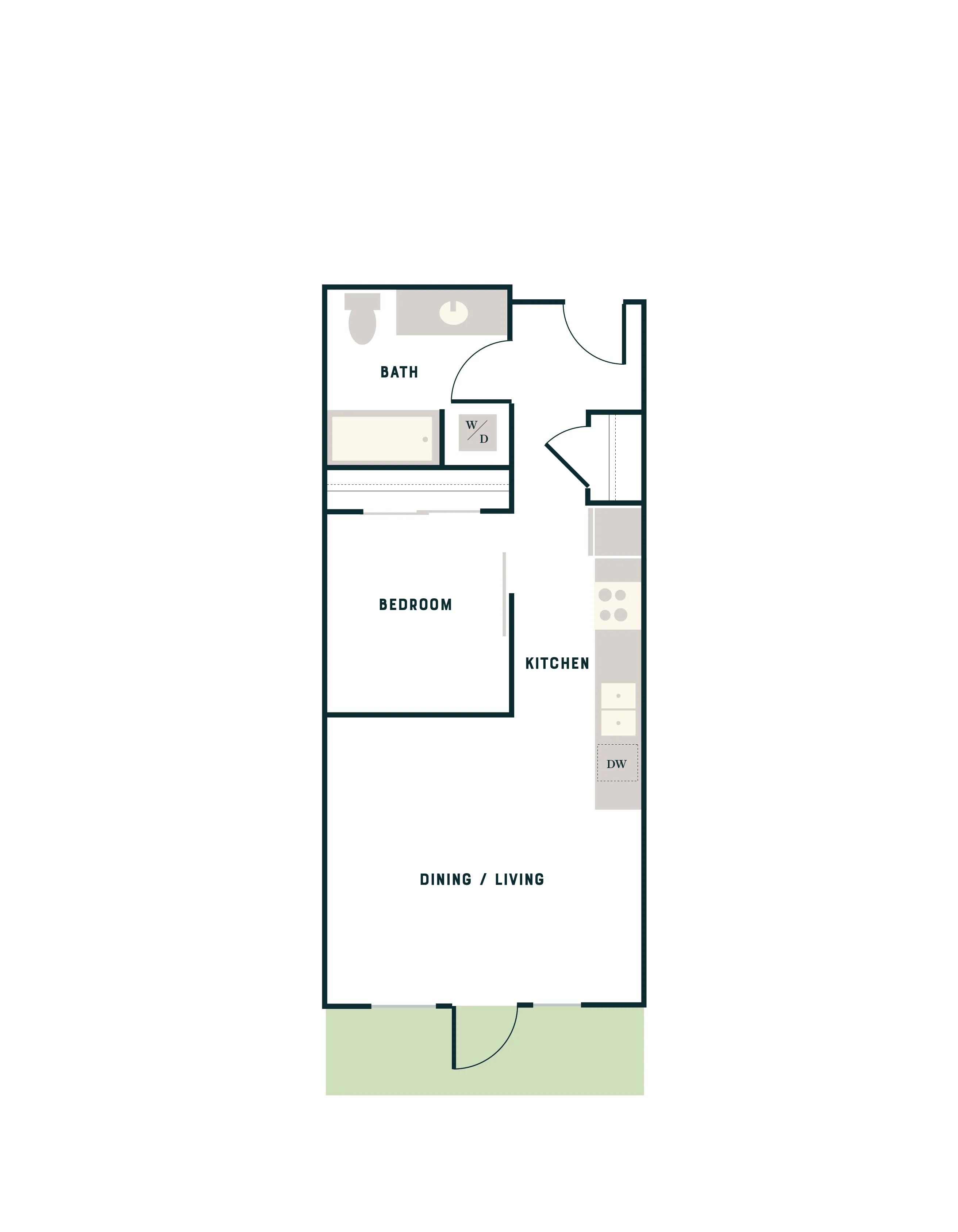 Chic floor plan showcasing 1-bedroom apartment with an open dining/living area, modern kitchen, and convenient bathroom layout.