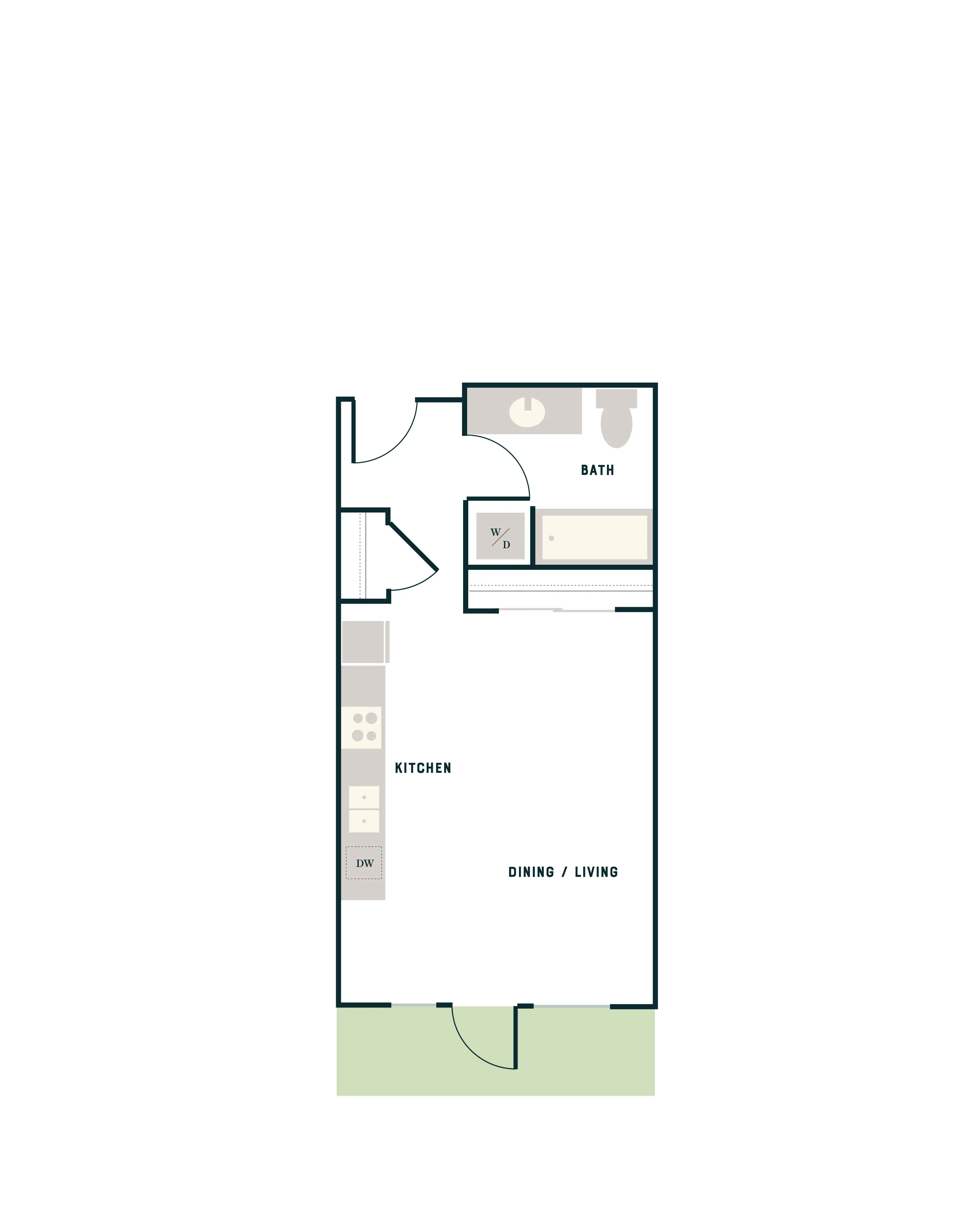 Sleek floor plan with an open-concept dining and living area, modern kitchen, and a full bath.