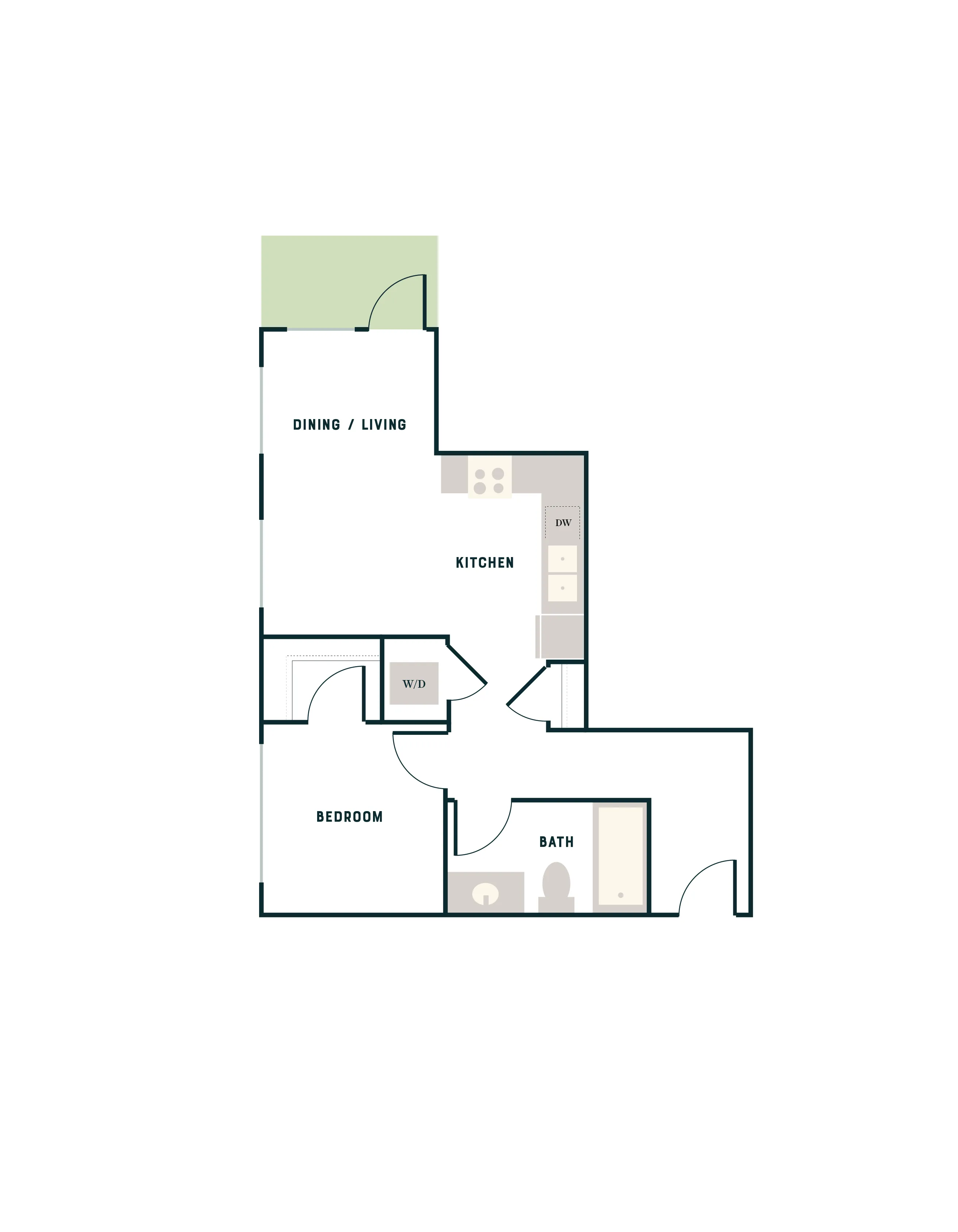 Modern floor plan featuring a bedroom, open dining and living area, well-equipped kitchen, and spacious bath.
