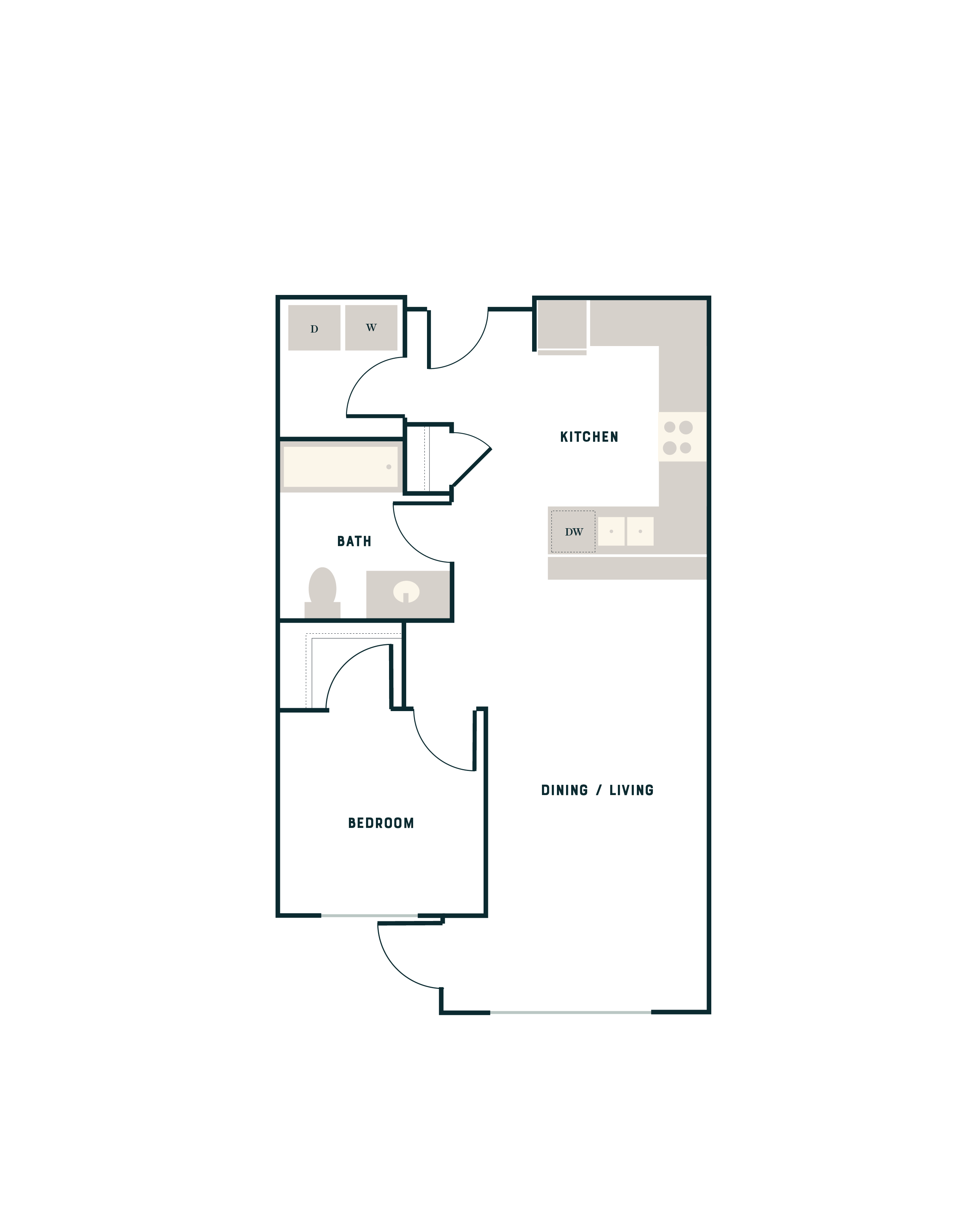 Modern 2D floor plan showcasing 1 bedroom, open dining and living area, and a sleek kitchen.