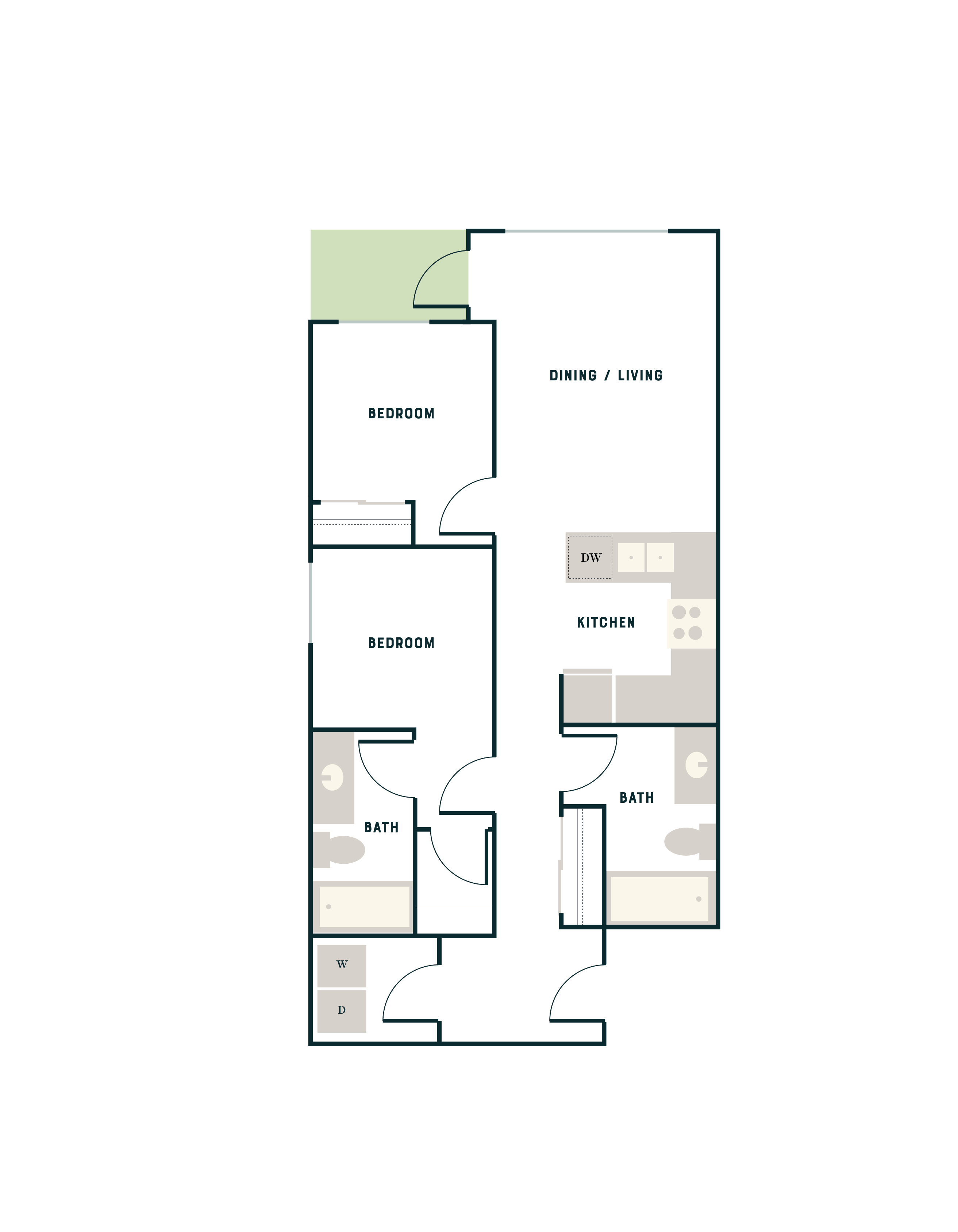 Modern 2D floor plan showcasing 2 spacious bedrooms, dual bathrooms, open dining/living area, and a functional kitchen with adjoining utility space.