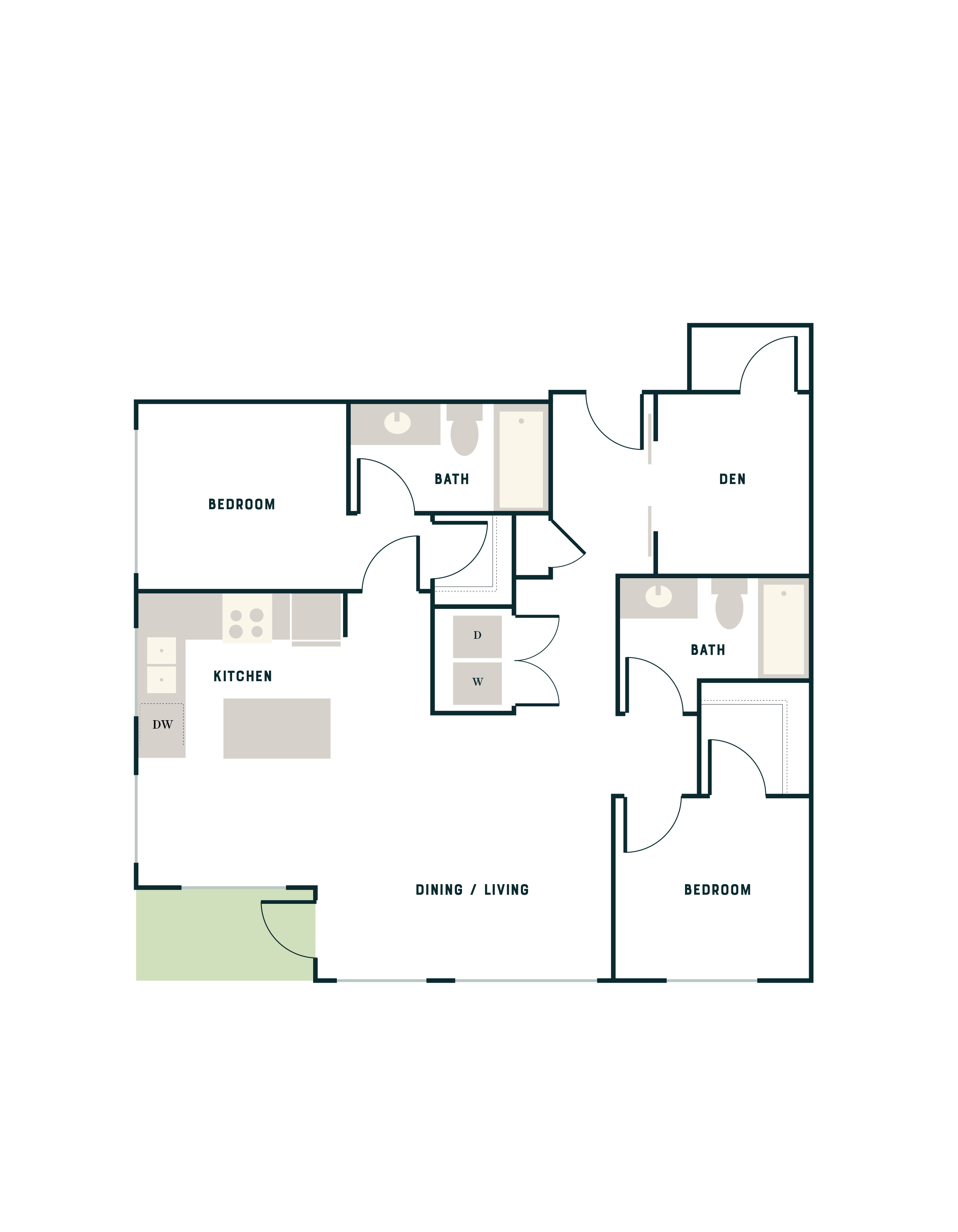 Modern floor plan highlighting 2 bedrooms, a flexible den, 2 bathrooms, and an open dining/living area with a stylish kitchen.