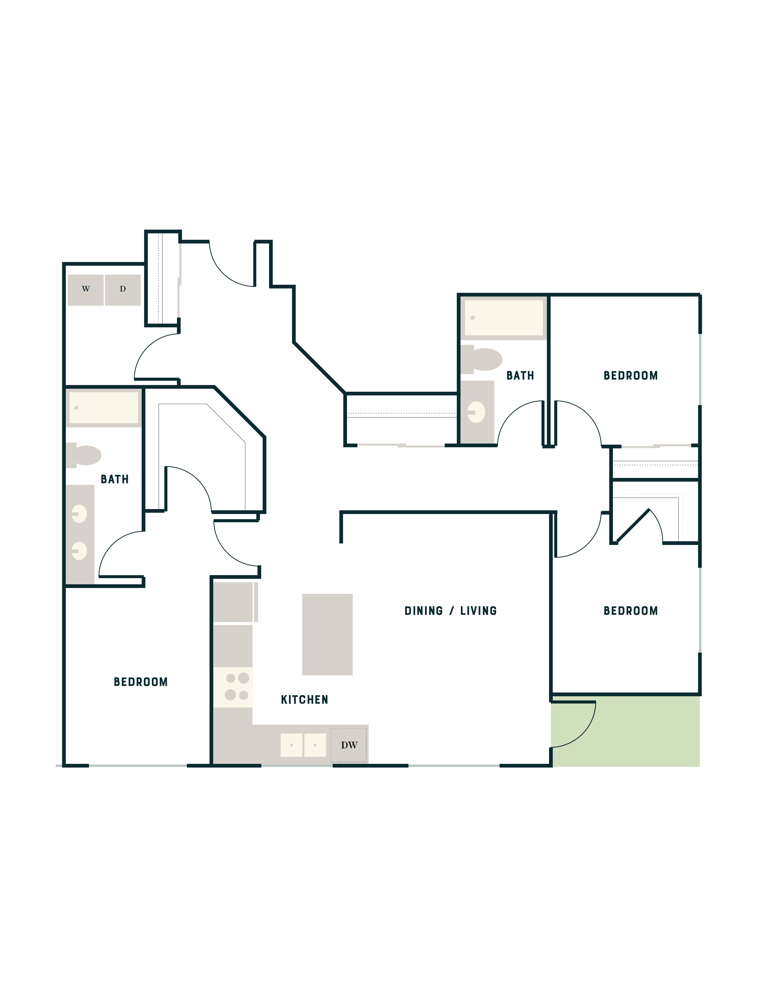 Modern floor plan featuring 3 bedrooms, 2 bathrooms, and a spacious open-plan kitchen and living area with in-unit laundry.