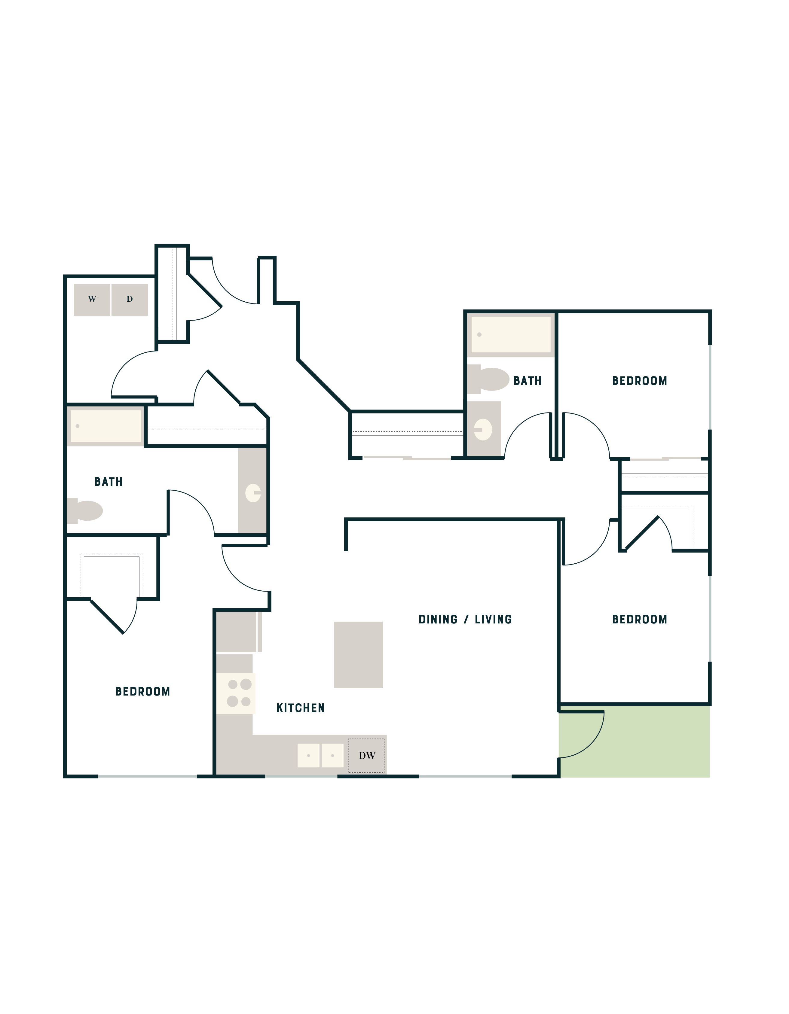 Modern floor plan showcasing 3 bedrooms, 2 baths, open dining and living area, and a sleek kitchen. Includes washer/dryer space for convenience.