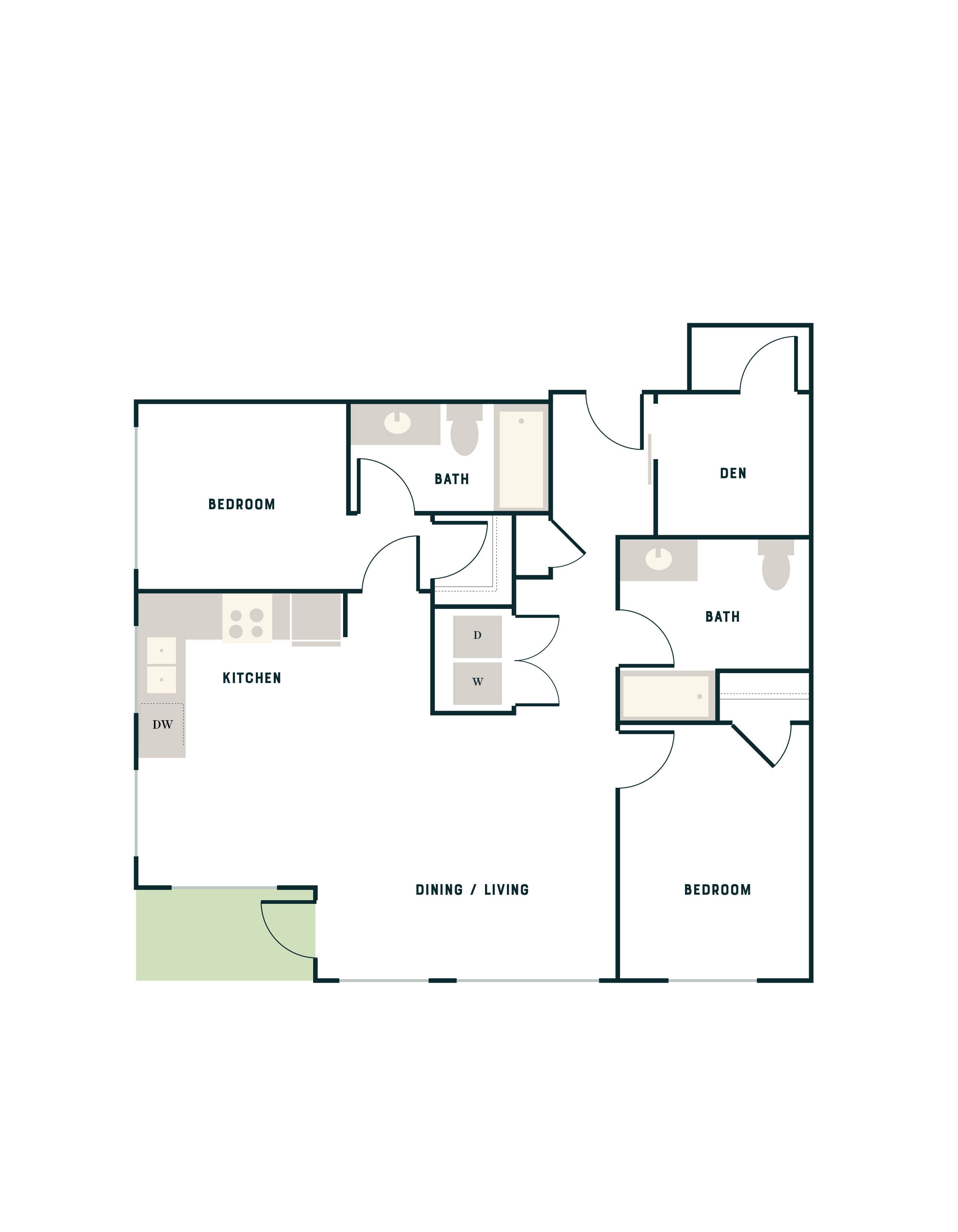 Modern floor plan showcasing 2 bedrooms, den, 2 bathrooms, and an open dining and living space with a contemporary kitchen.