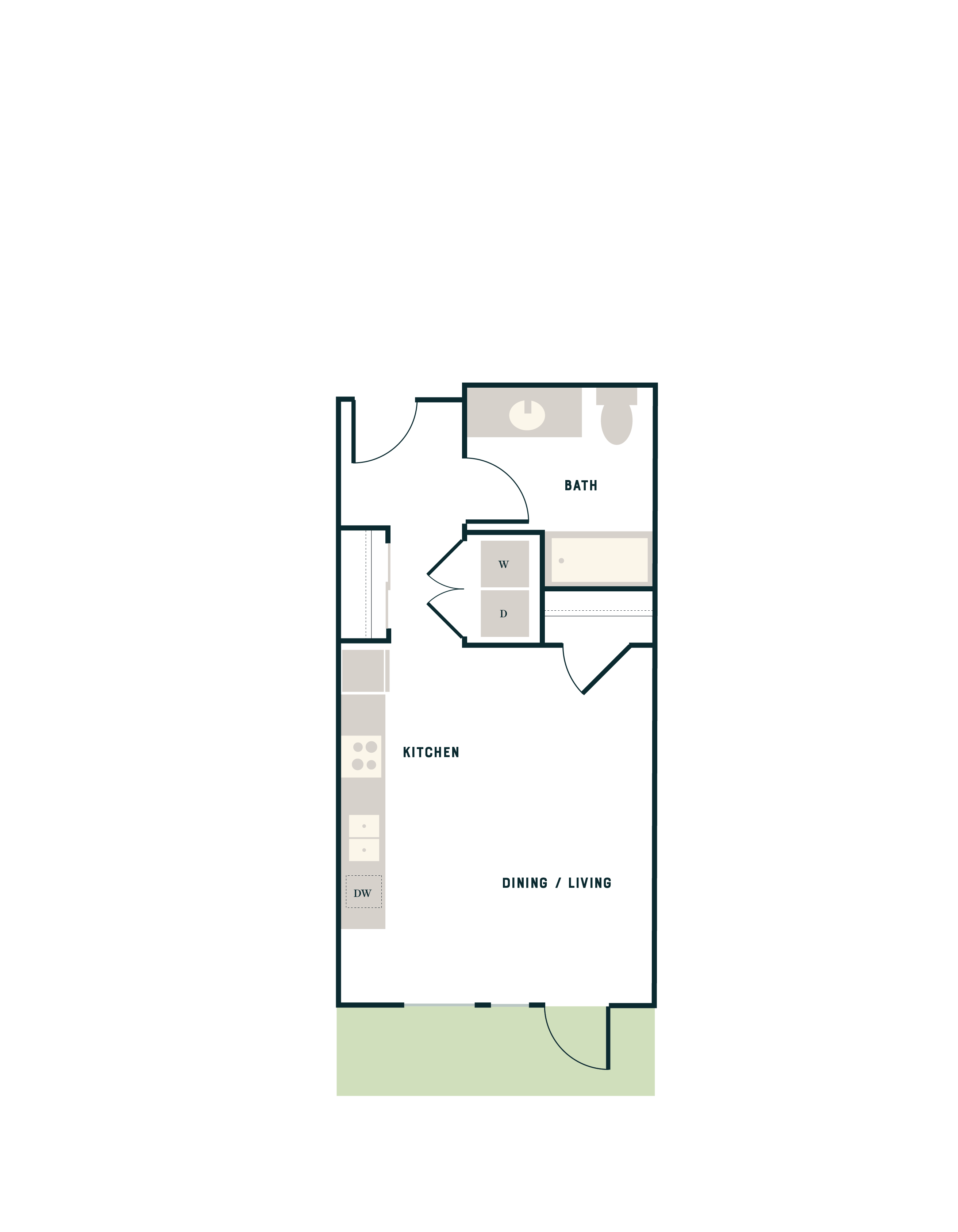 Modern floor plan featuring open-concept kitchen and dining/living area, single bedroom, and bathroom.