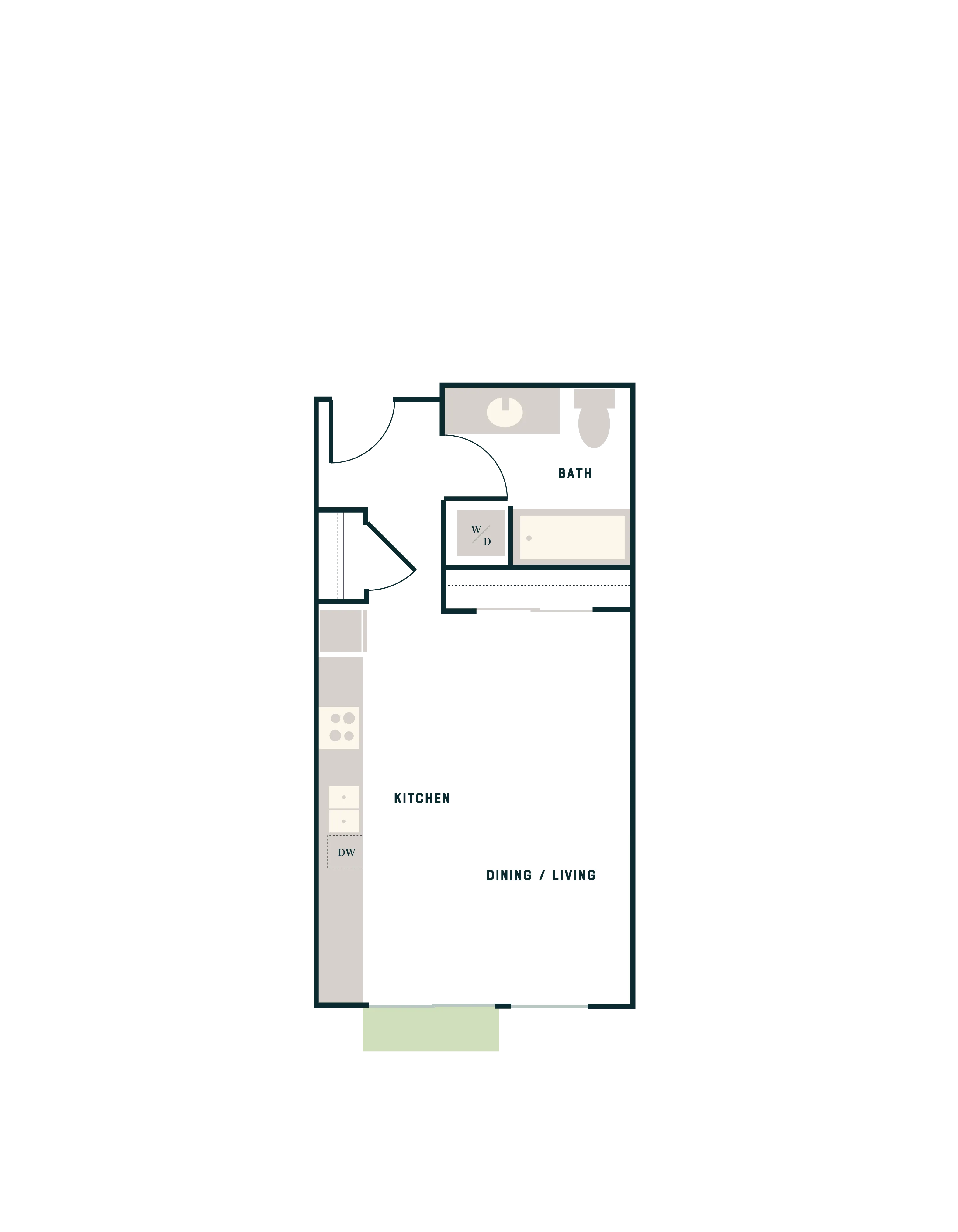 Modern studio floor plan showcasing an open-concept dining and living area, efficient kitchen, and conveniently located bathroom.