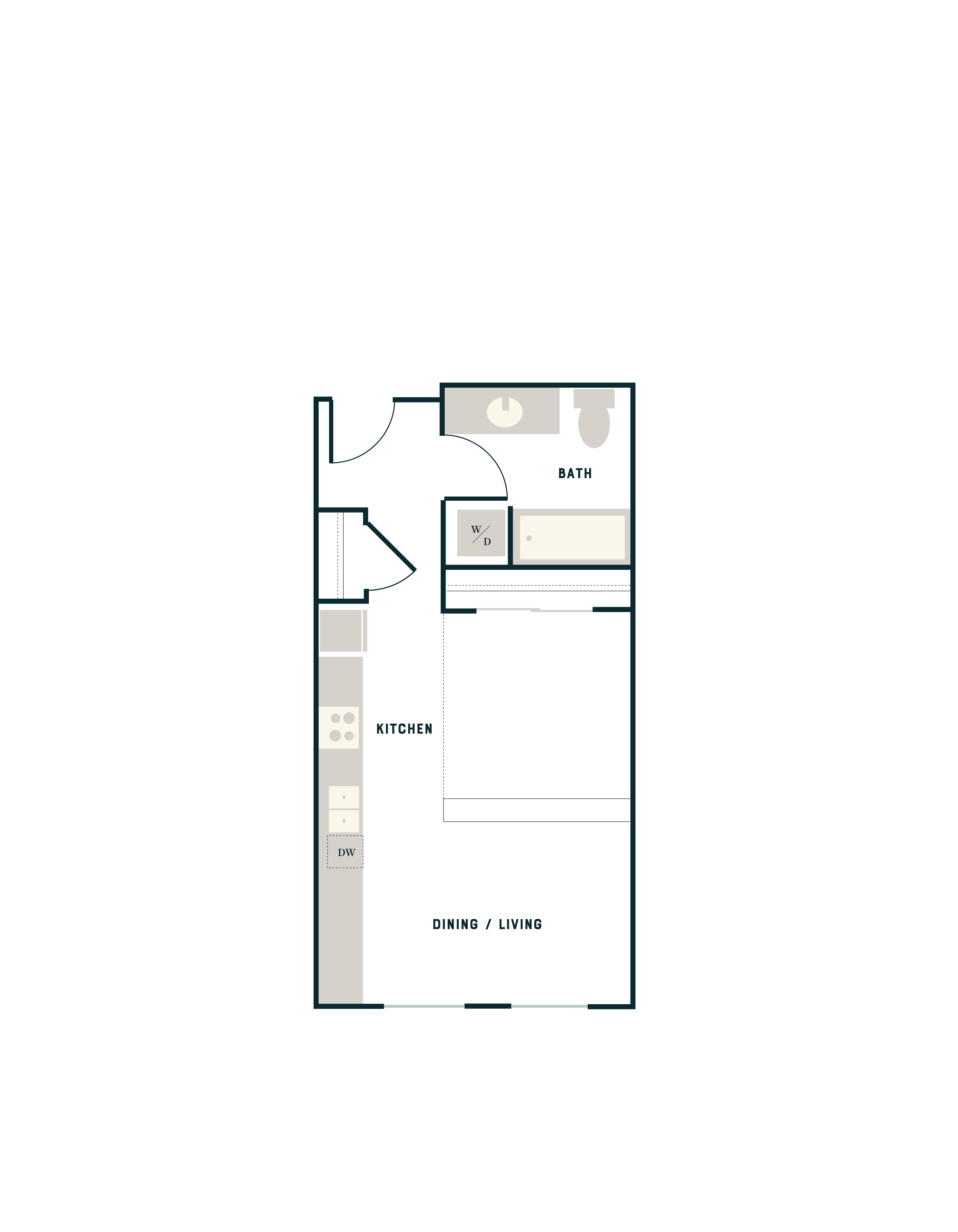 Modern studio apartment floor plan with open kitchen, spacious dining and living area, and convenient bathroom layout.