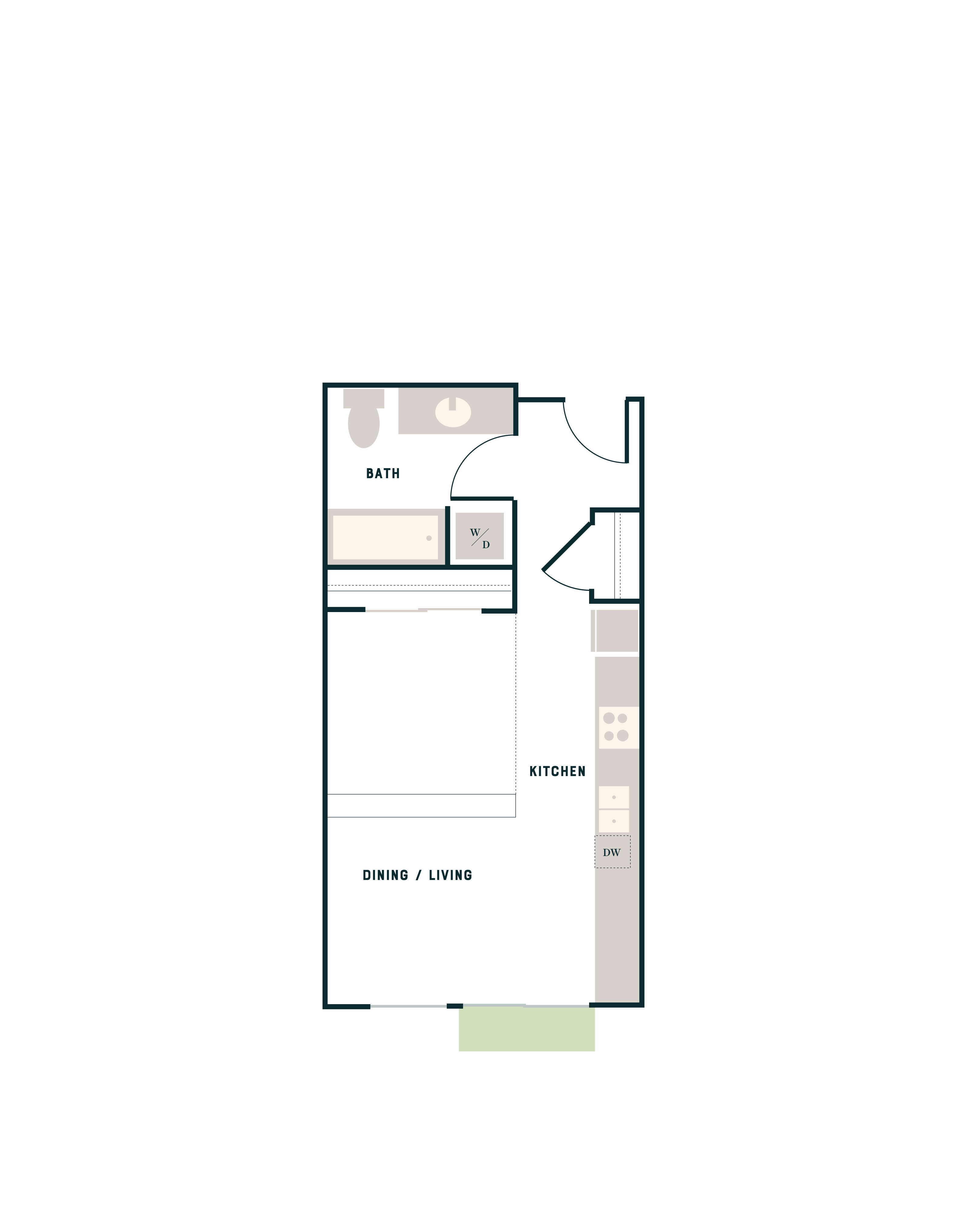 Sleek 2D floor plan showcasing open-concept dining and living area, modern kitchen, and stylish bathroom.