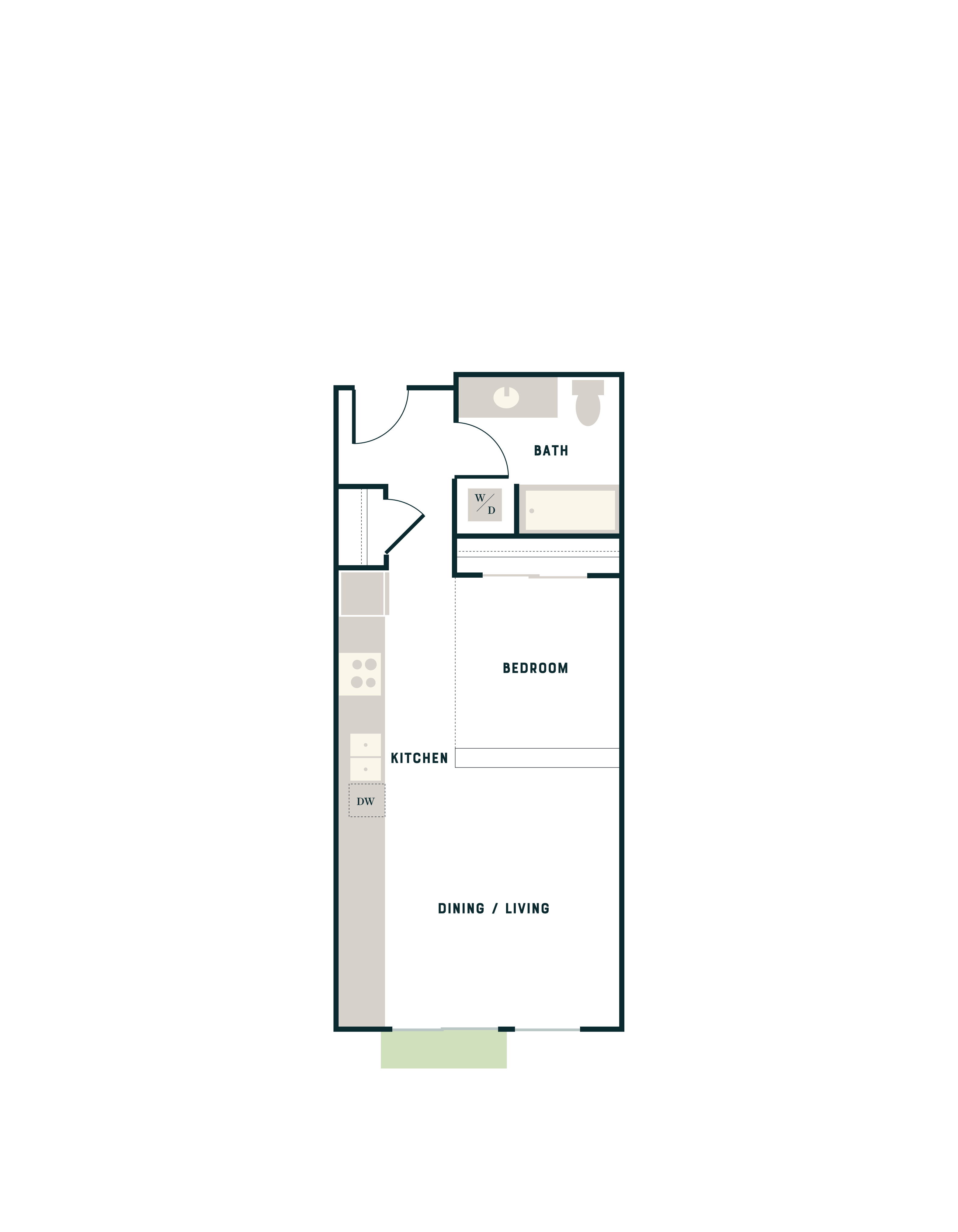 Modern floor plan showcasing a stylish studio layout with open dining and living area, compact kitchen, and sleek bathroom.