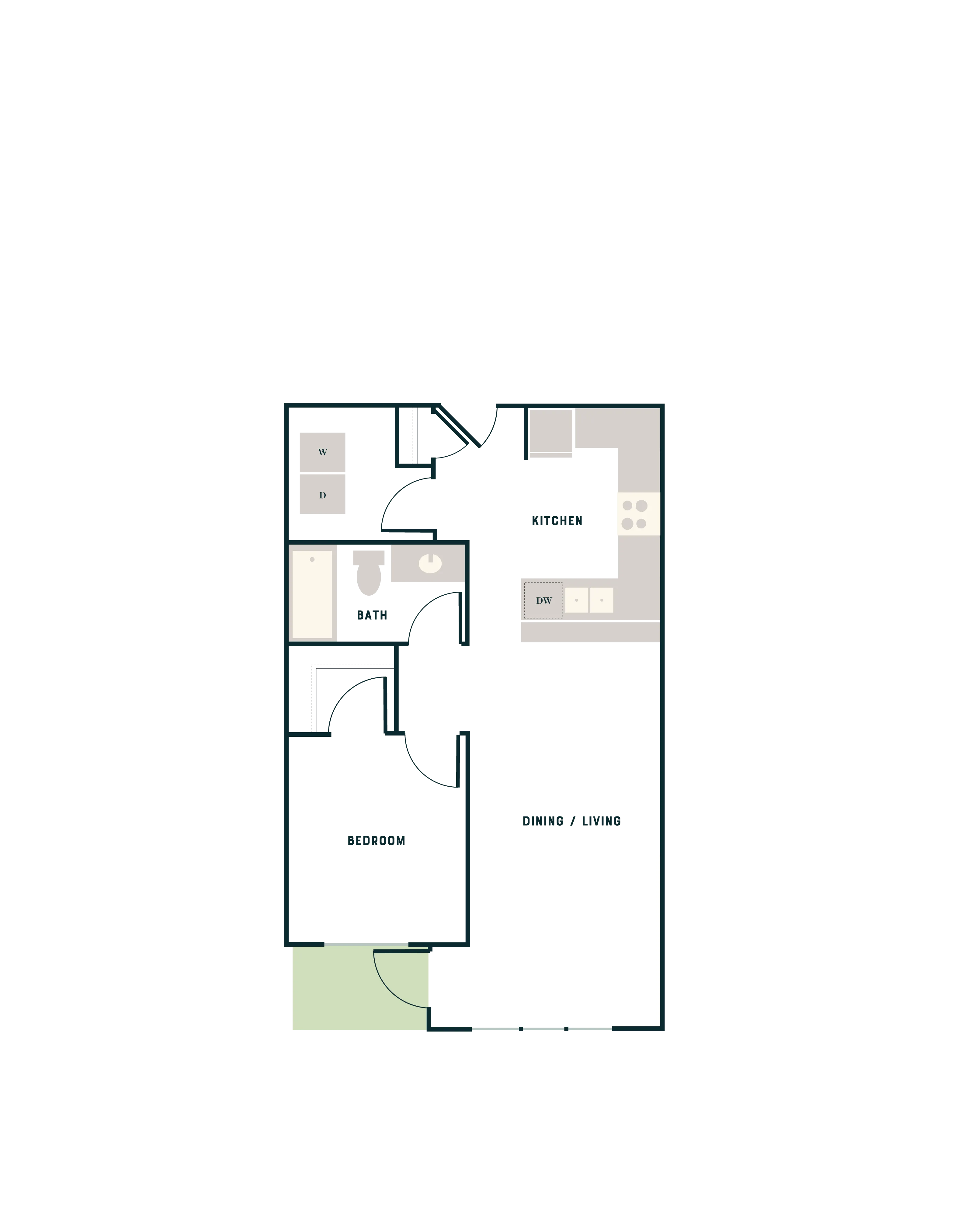 Modern 1-bedroom apartment floor plan featuring an open-plan kitchen and living area, with convenient walk-in closet and spacious bathroom.