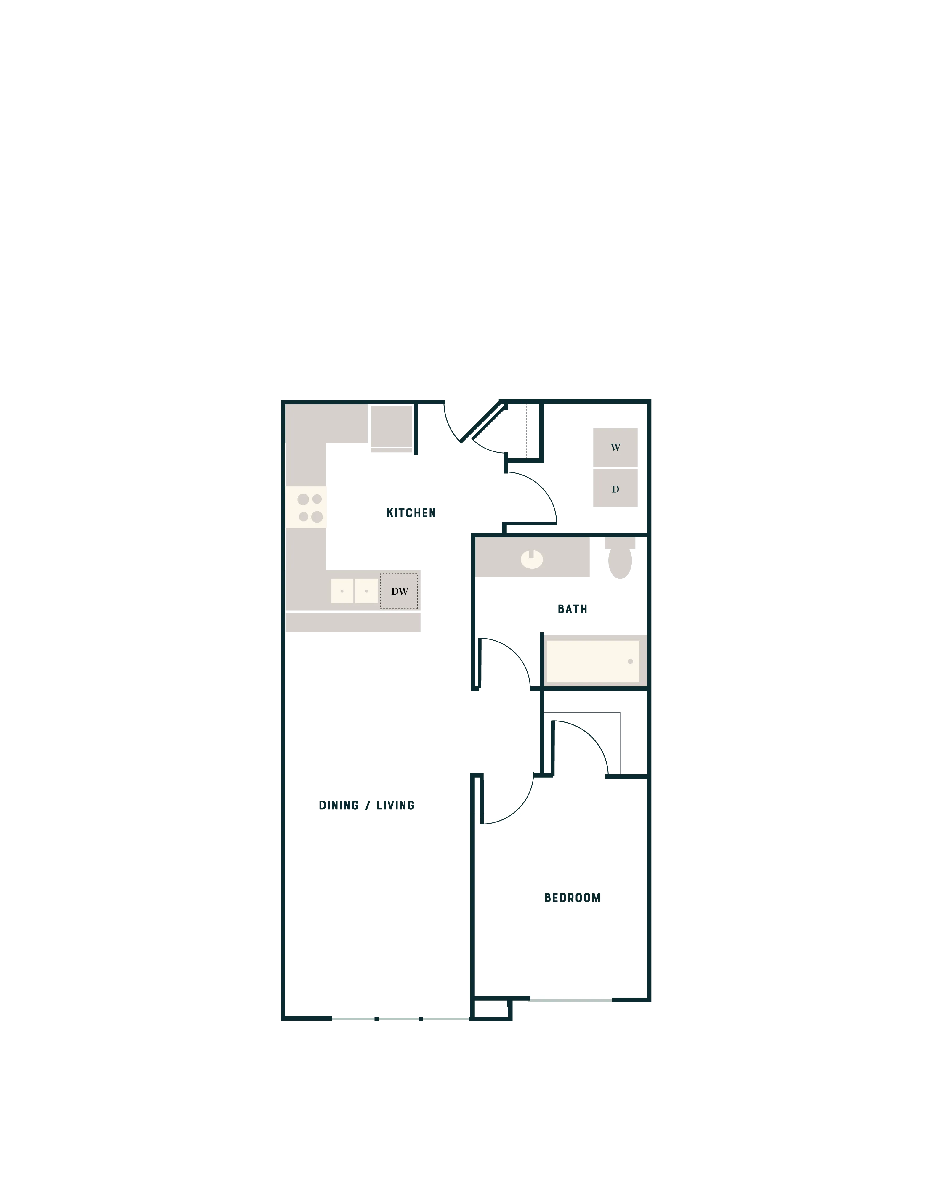 Modern 2D floor plan with a cozy bedroom, stylish kitchen, and integrated dining and living area.