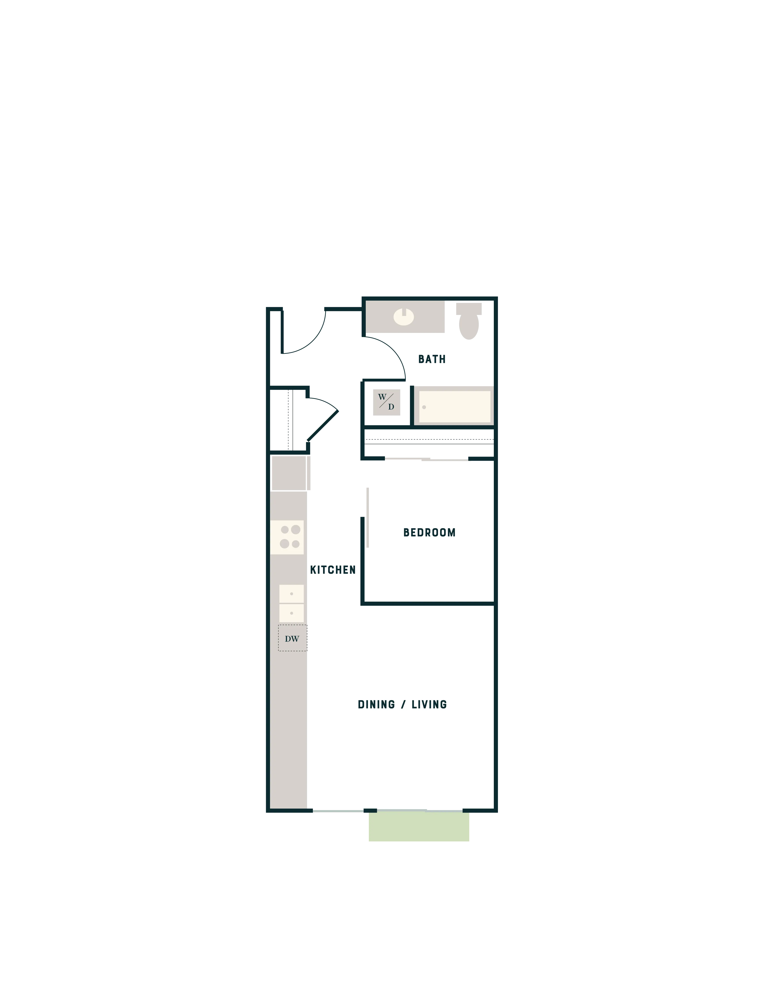 Modern floor plan featuring 1 bedroom, sleek kitchen, and open dining/living area.