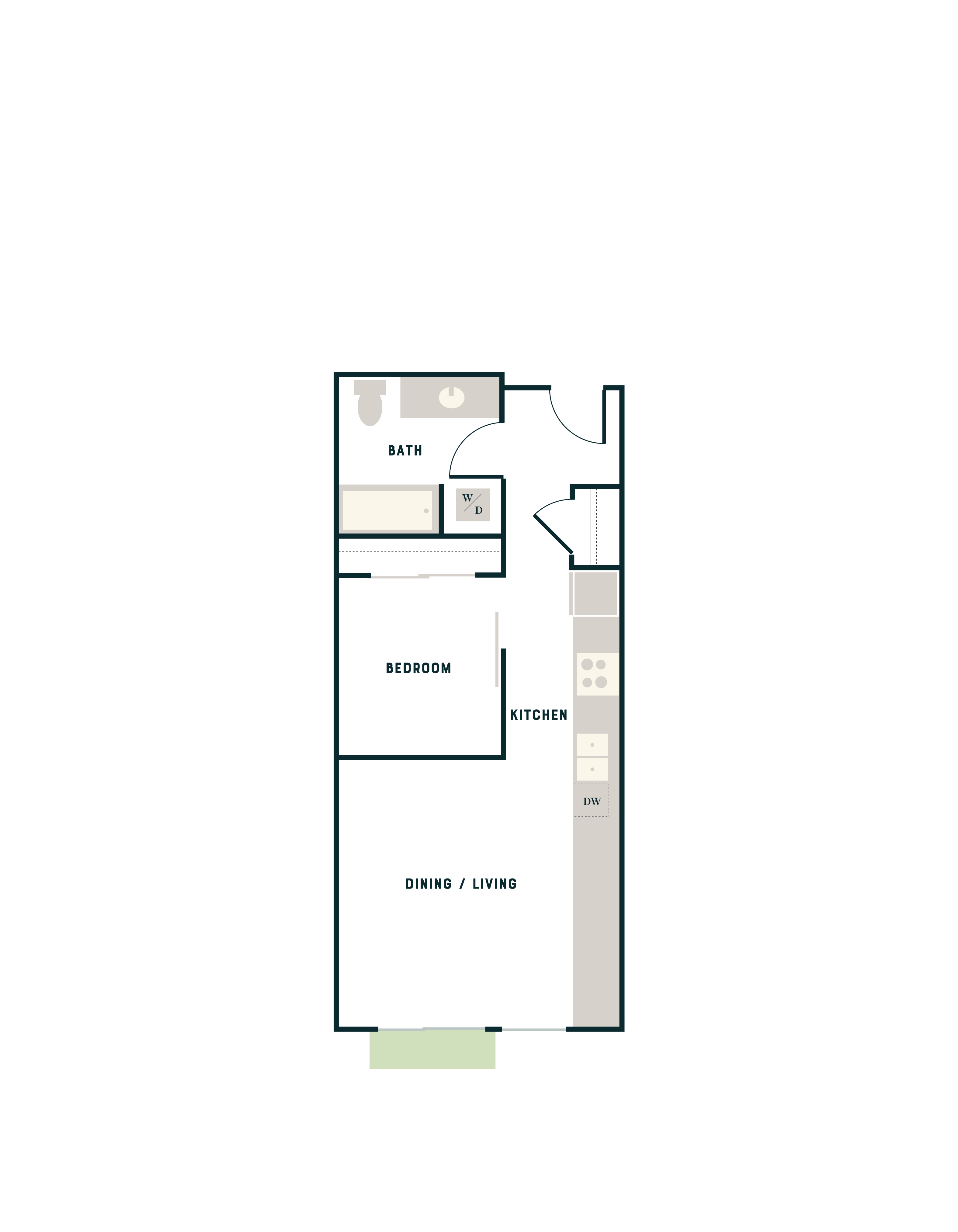 Chic floor plan showcasing a cozy 1-bedroom, functional kitchen, and combined dining/living area, ideal for modern living.