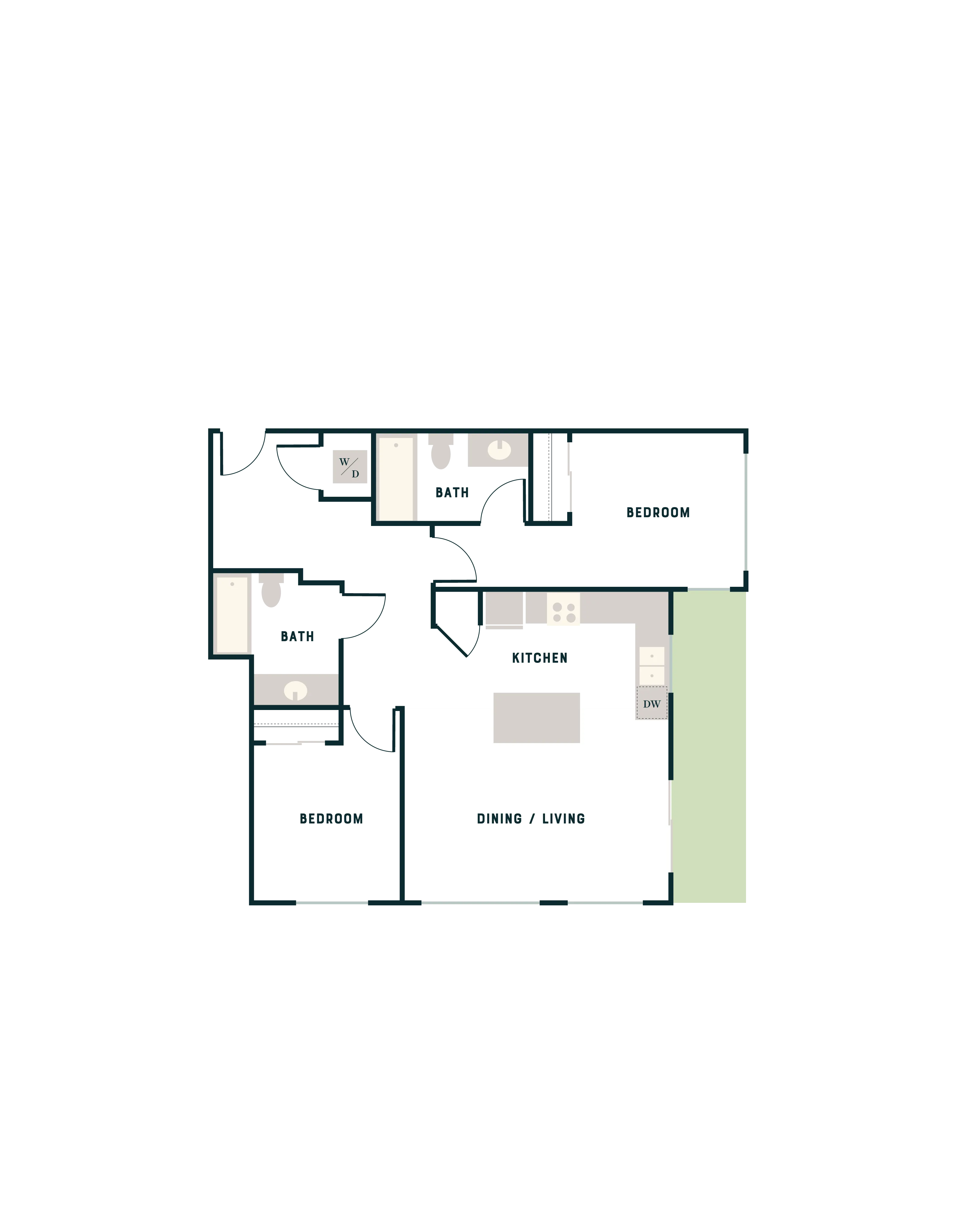Modern 2D floor plan featuring 2 bedrooms, 2 baths, a sleek kitchen, and an open dining and living area.