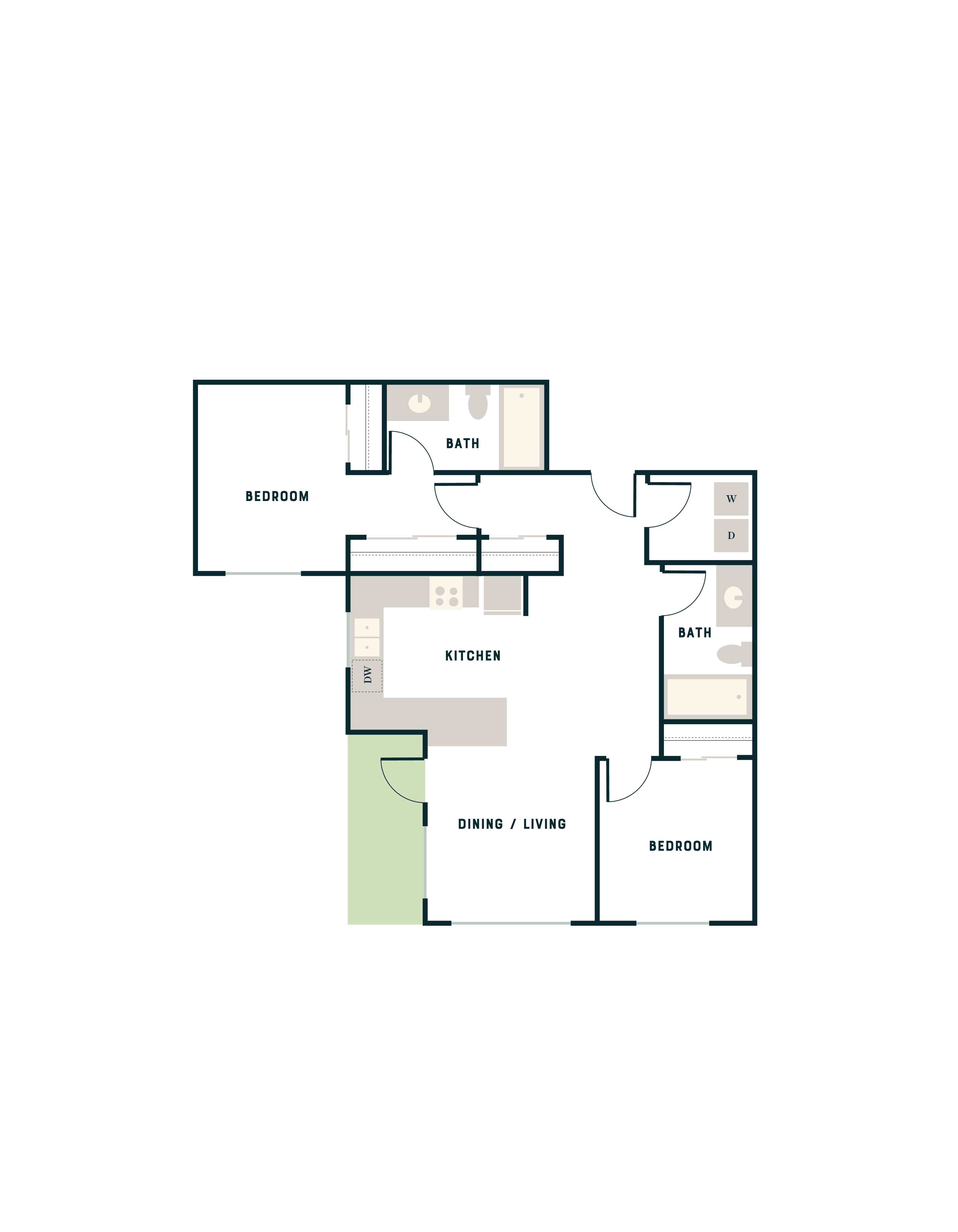 Contemporary 2D floor plan with 2 bedrooms, a modern kitchen, and open dining/living area.